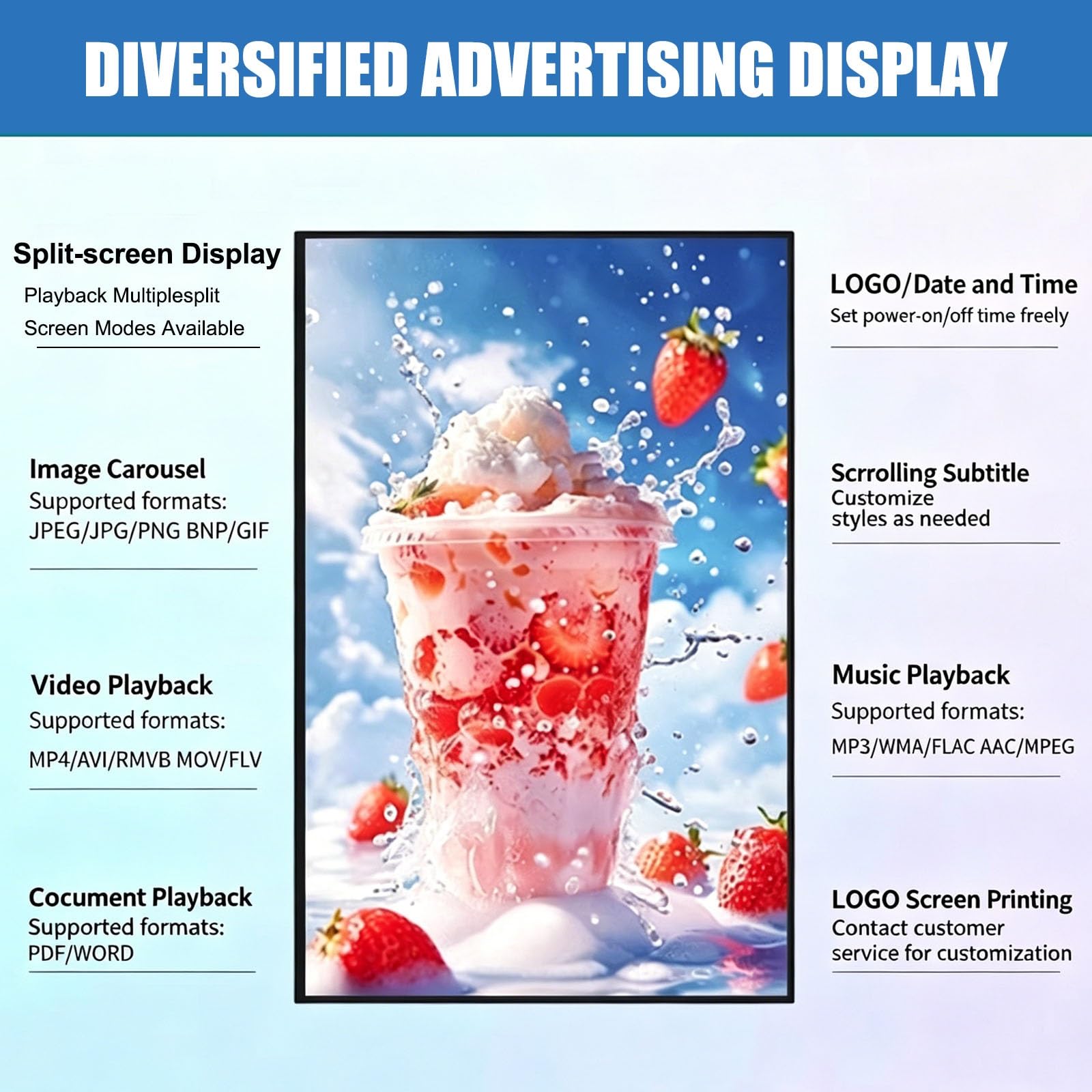 Display per segnaletica digitale da 18,5-50 pollici, pubblicitario 1080P | Modalità orizzontale/verticale per vetrine di negozi e uso commerciale