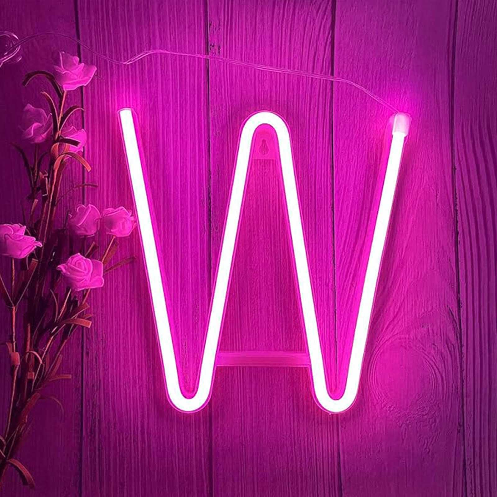Pink Glowing Neon Letters for Party Decorations Wedding Reception & Baby Shower Portable Battery LED Sign Easy Stick Wall Art for Home Bar Gaming Room(Letters W) — image 1