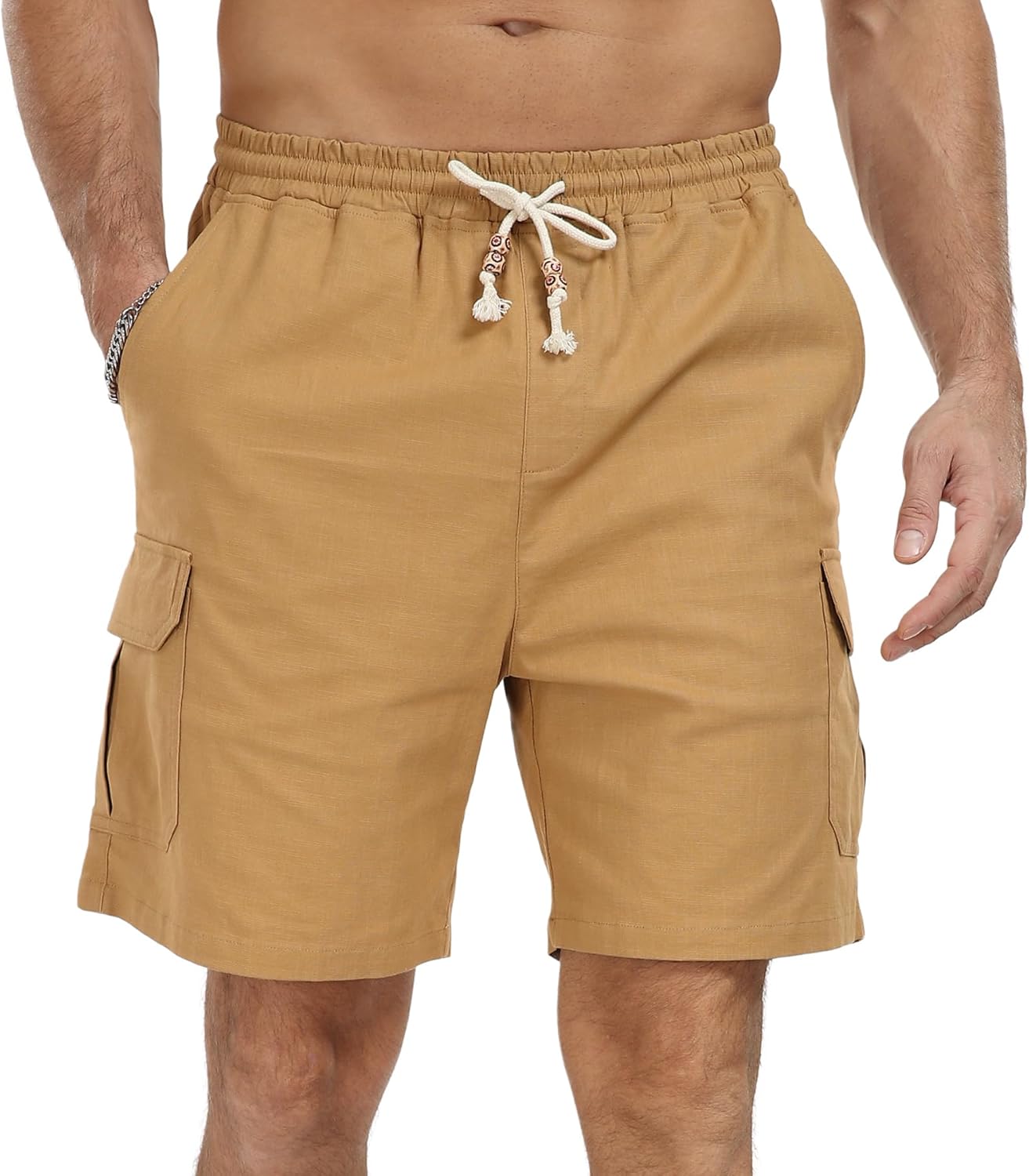 NITAGUT Men's Linen Shorts Summer Beach Casual Drawstring Shorts with Multi Pockets - Image 4