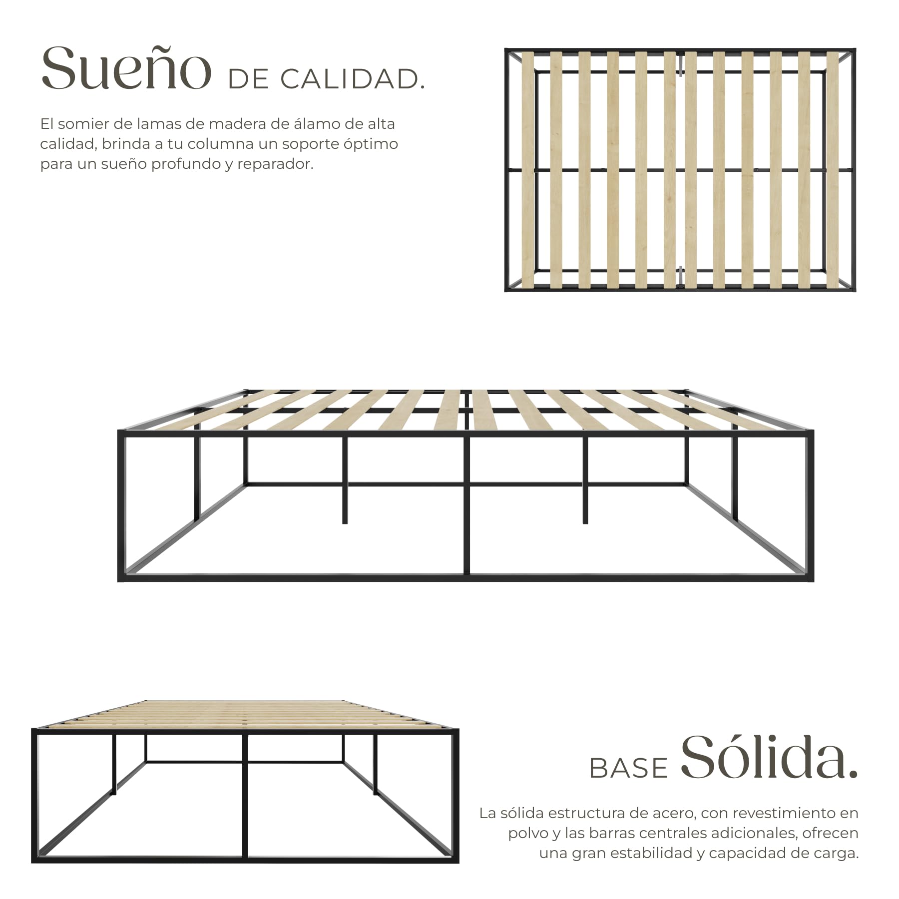 tectake® Cama Matrimonio Metal, Almacenamiento Debajo, Estructura Resistente, Somier Madera de Álamo, Diseño Minimalista, Cama Matrimonio Moderna - 200 x 140 x 46,5 cm