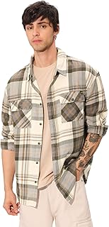 The Souled Store Plaid: Cream, Green Men and Boys Long Sleeves Collared Neck Button Front Regular Fit Cotton Utility Shirts