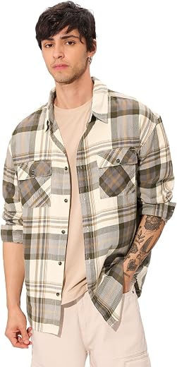 The Souled Store Plaid: Cream, Green Men and Boys Long Sleeves Collared Neck Button Front Regular Fit Cotton Utility Shirts