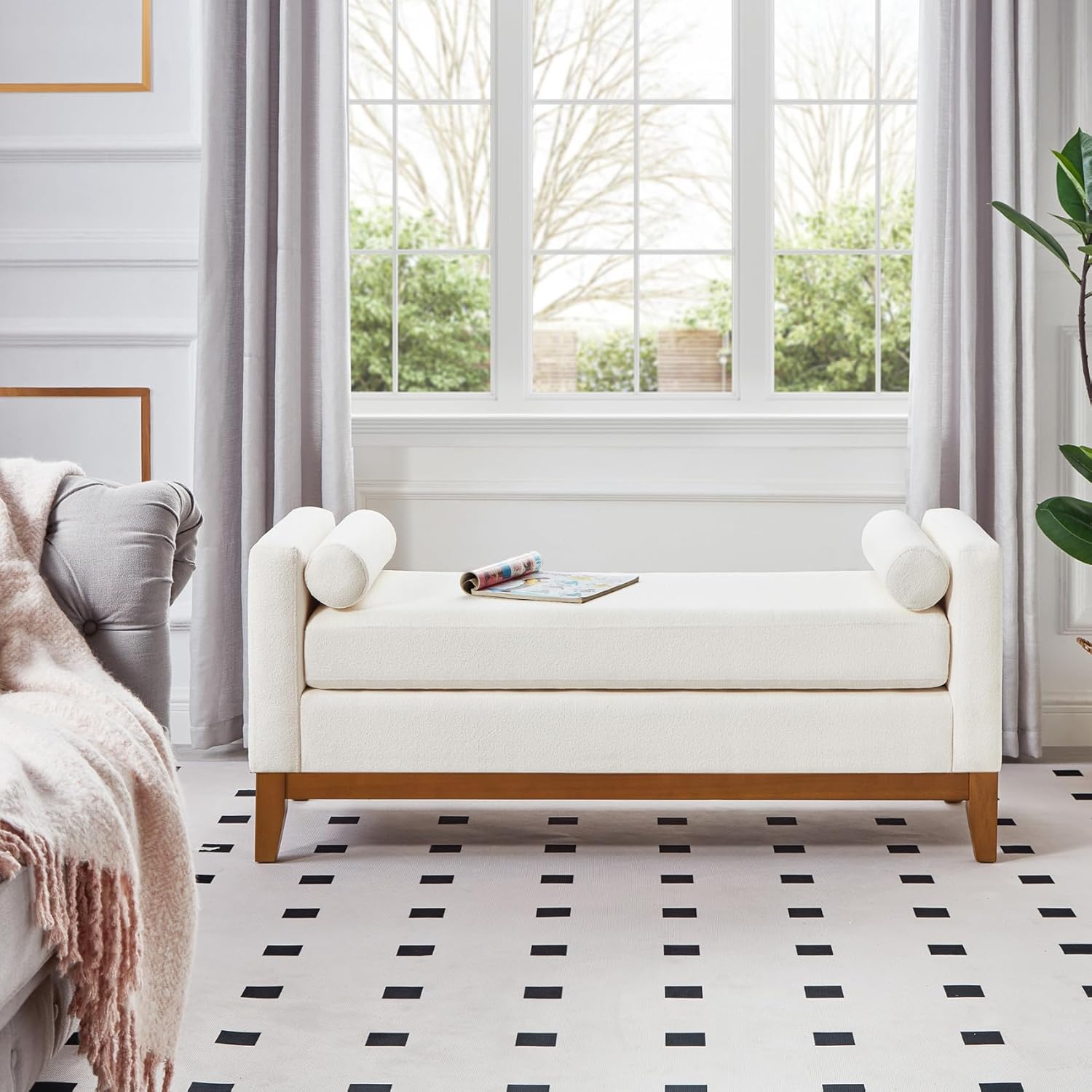 End of Bed Bench for Bedroom, 51'' Boucle Full Size Bench for Entryway, Hallway, Cloakroom, Window Bench (Ivory).