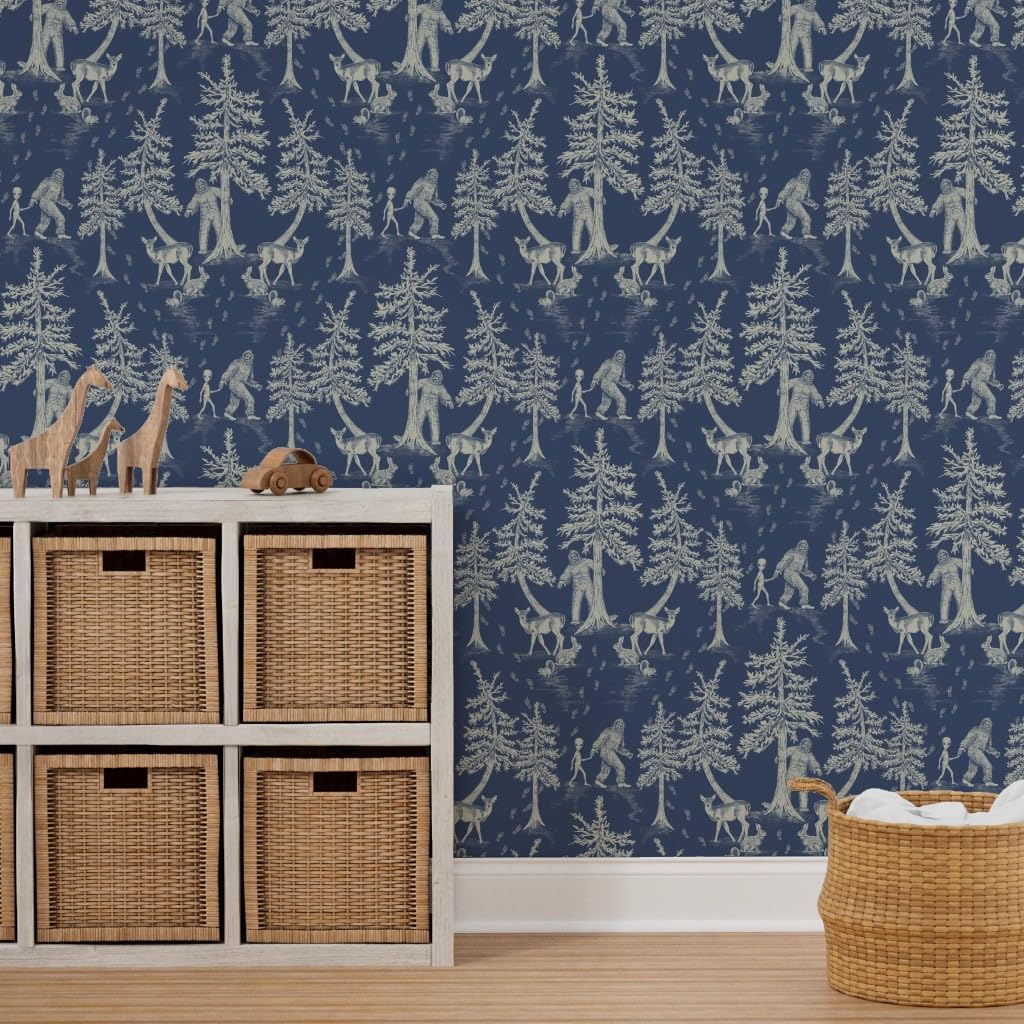 Spoonflower Removable Wallpaper 6ft x 2ft - Bigfoot Sasquatch Cryptozoology Cryptid Skunk Ape Forest Monster Creatures Alien Rabbits Yeti Custom Pre-Pasted Wallpaper