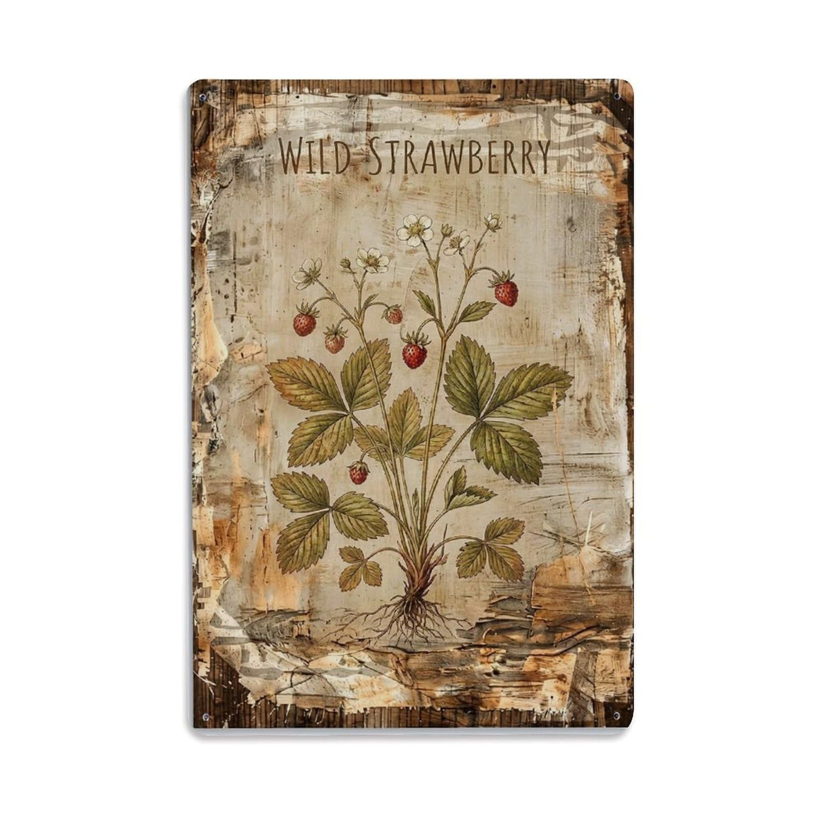 Wild Strawberry Botanical Vintage Metal Tin Sign Plaque Wall Decor for Cafe, Club, Garden Metal Poster 8x12Inch