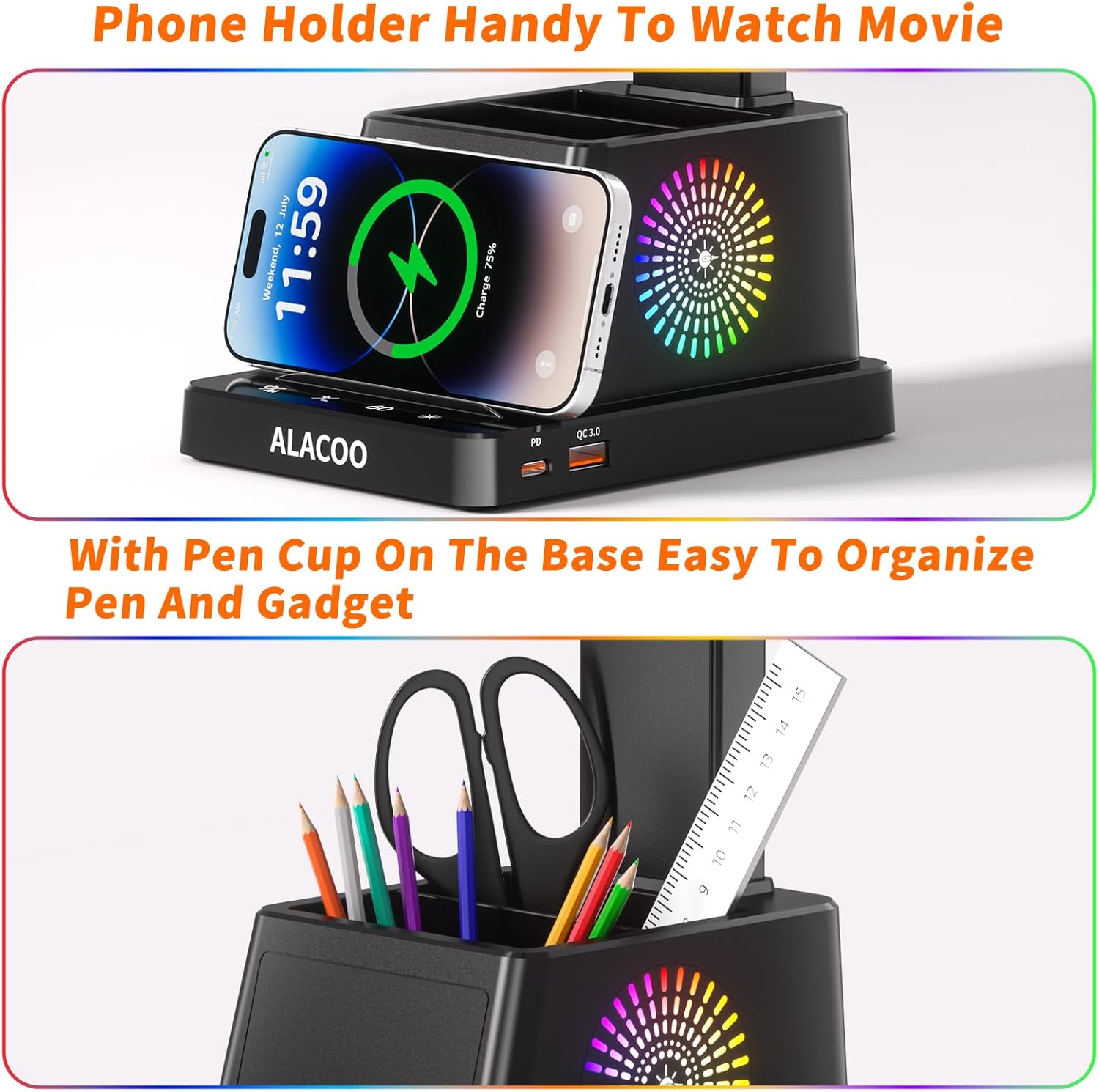 Study Desk Lamp for Office Home, Eye-Caring Desk Light with USB Port & RGB Phone Holder, 3 Color×4 Brightness, Adjustable Arm, Touch-Control Lamp for Kids/Reading (Black)