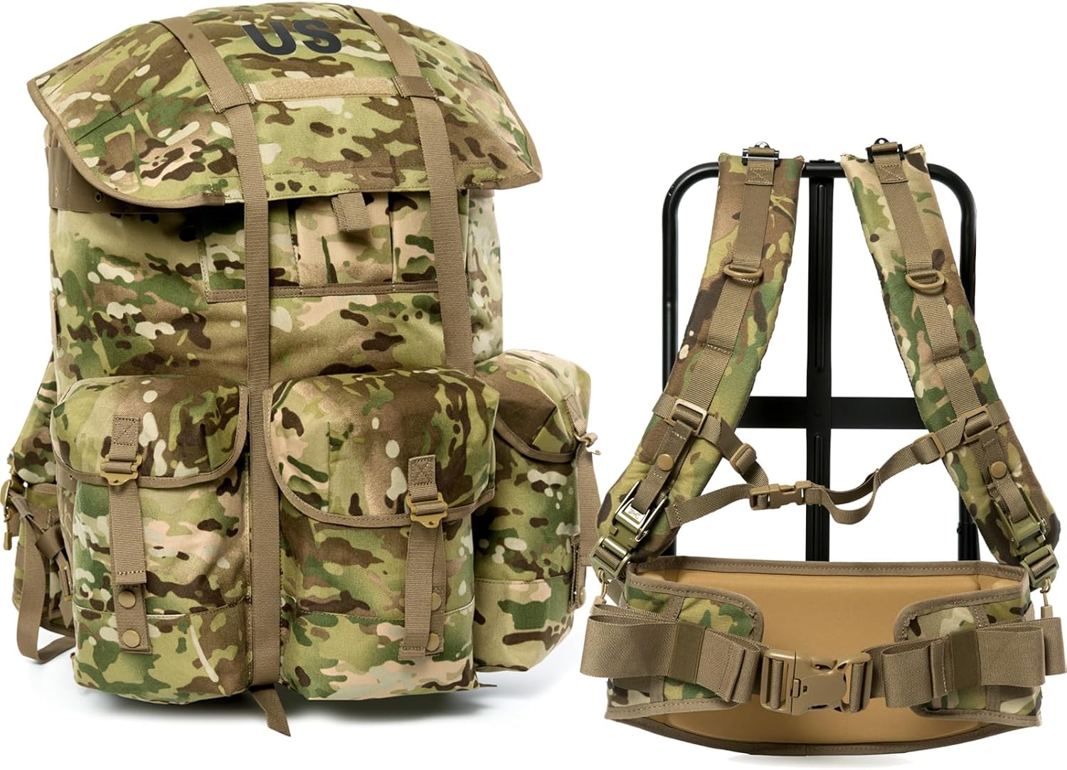 MT Military ALICE Pack Large Size Tactical Rucksack with Aluminum Quick-Release Buckles, and Enhanced Waist Support – US Logo