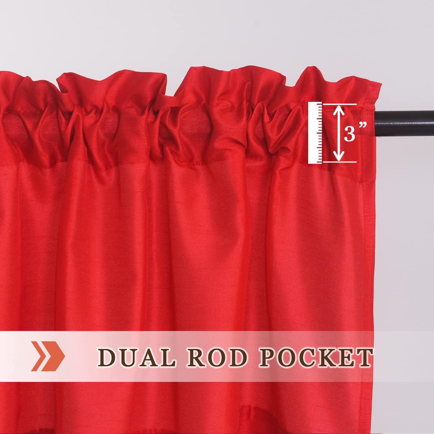 Faux Silk Kitchen Valance Set - 36 Inch Tier Curtains with Rod Pocket for Living Room, Bedroom & Bathroom - Farmhouse Rustic Country Style - 3 Piece Set (Red)