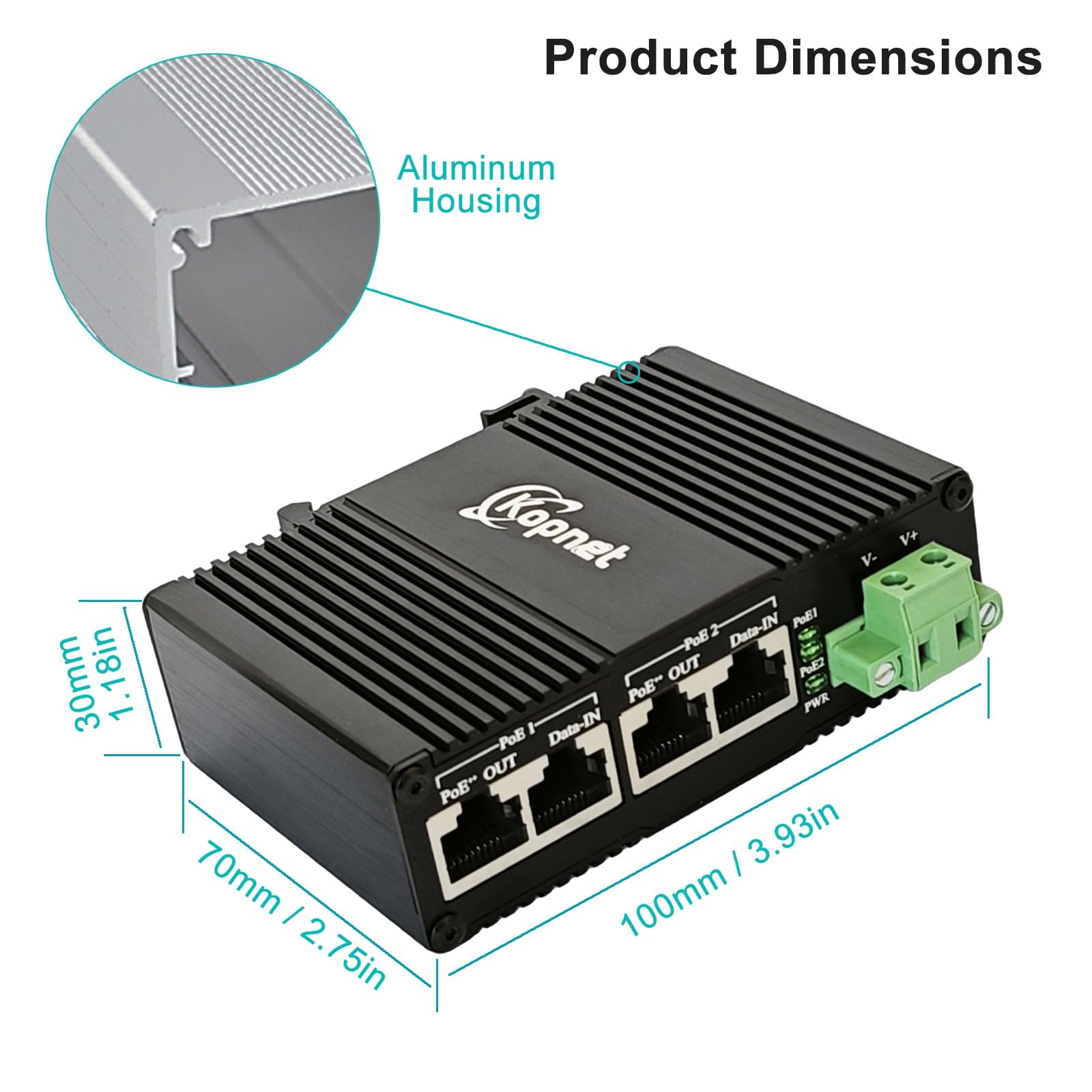 Injecteur industriel 2 canaux 2,5 G PoE++ Montage sur rail DIN 802.3af/at | 2 ports d'alimentation par Ethernet IEEE 802.3at/bt, 2,5 Gigabit PoE, -40 °C à 80 °C, montage sur rail DIN
