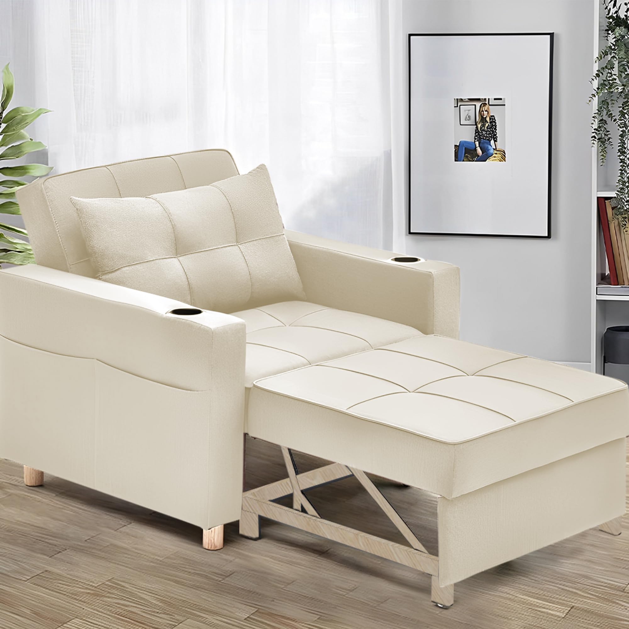 Treshta Single Seater Sofa Cum Bed Sofa Set for Living Room (Cream -Colour Fabric) Premium Fabric Sofa Set