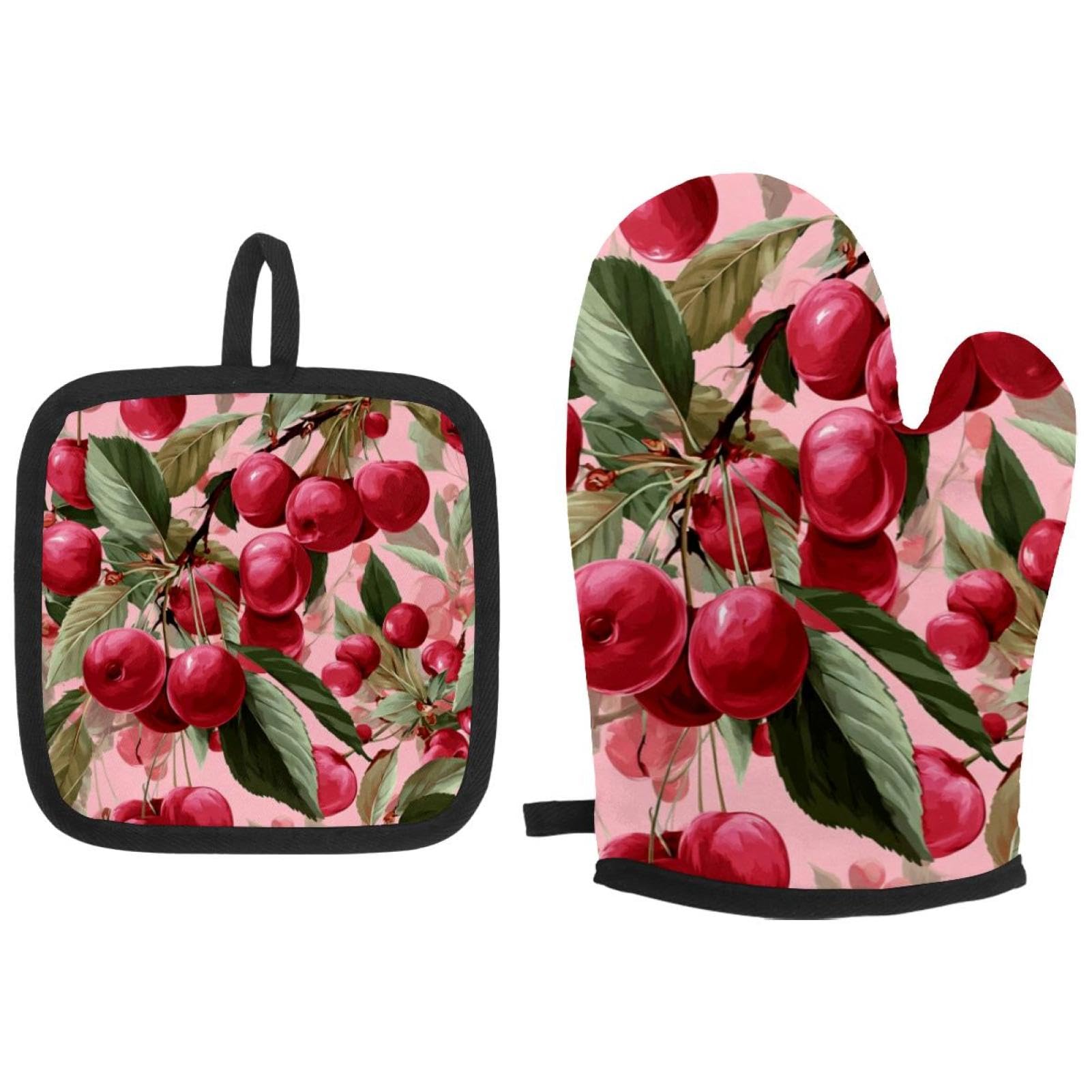 Gants de cuisine anti-chaleur antidérapants roses motif cerise pour four et plats chauds