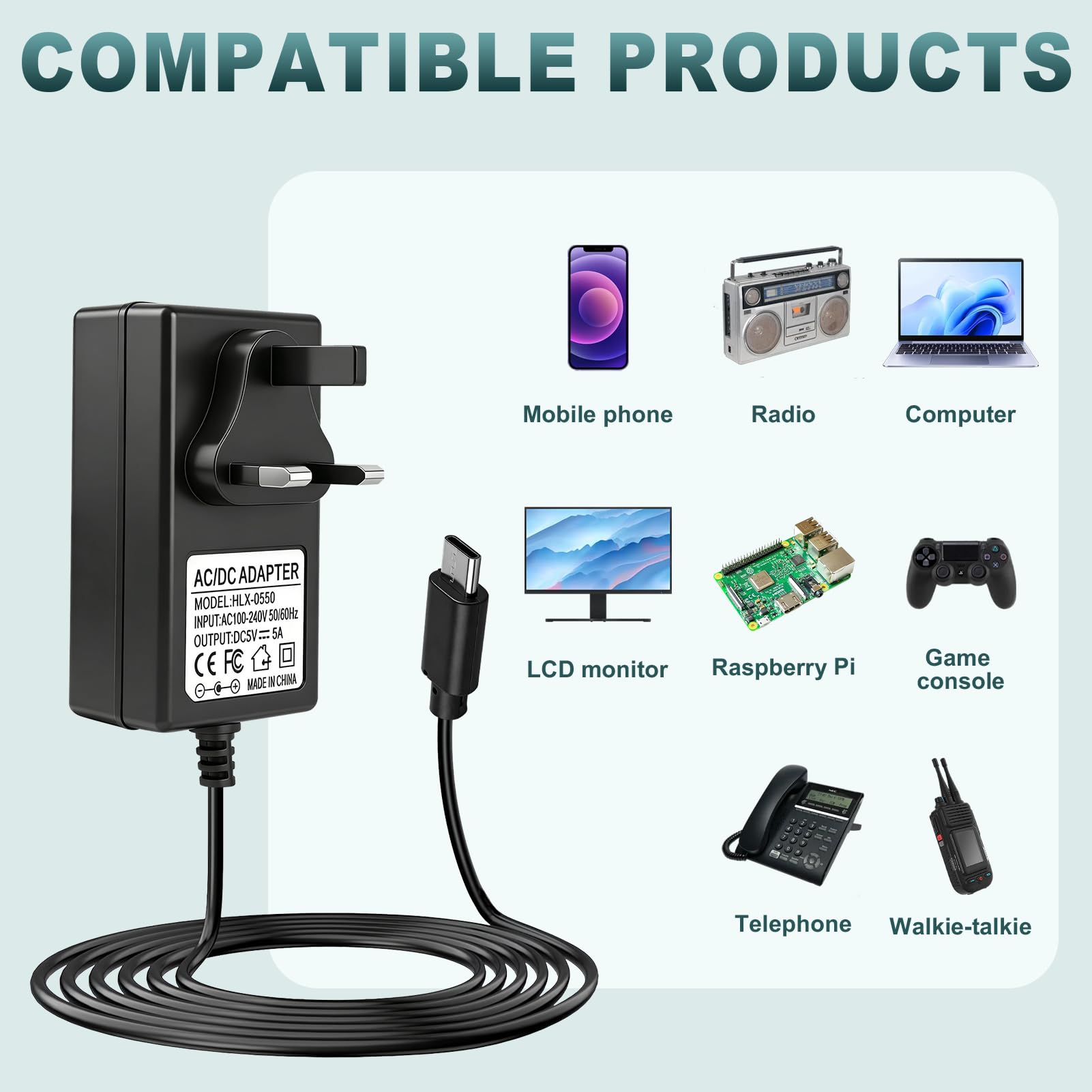 USB-C Power Supply UK Plug for Raspberry Pi 5, 27W 5V 5A Type C PD Power Adapter for Raspberry Pi 5 4GB/8GB/16GB and Most Phone,Laptop and Electronic Product — view 2