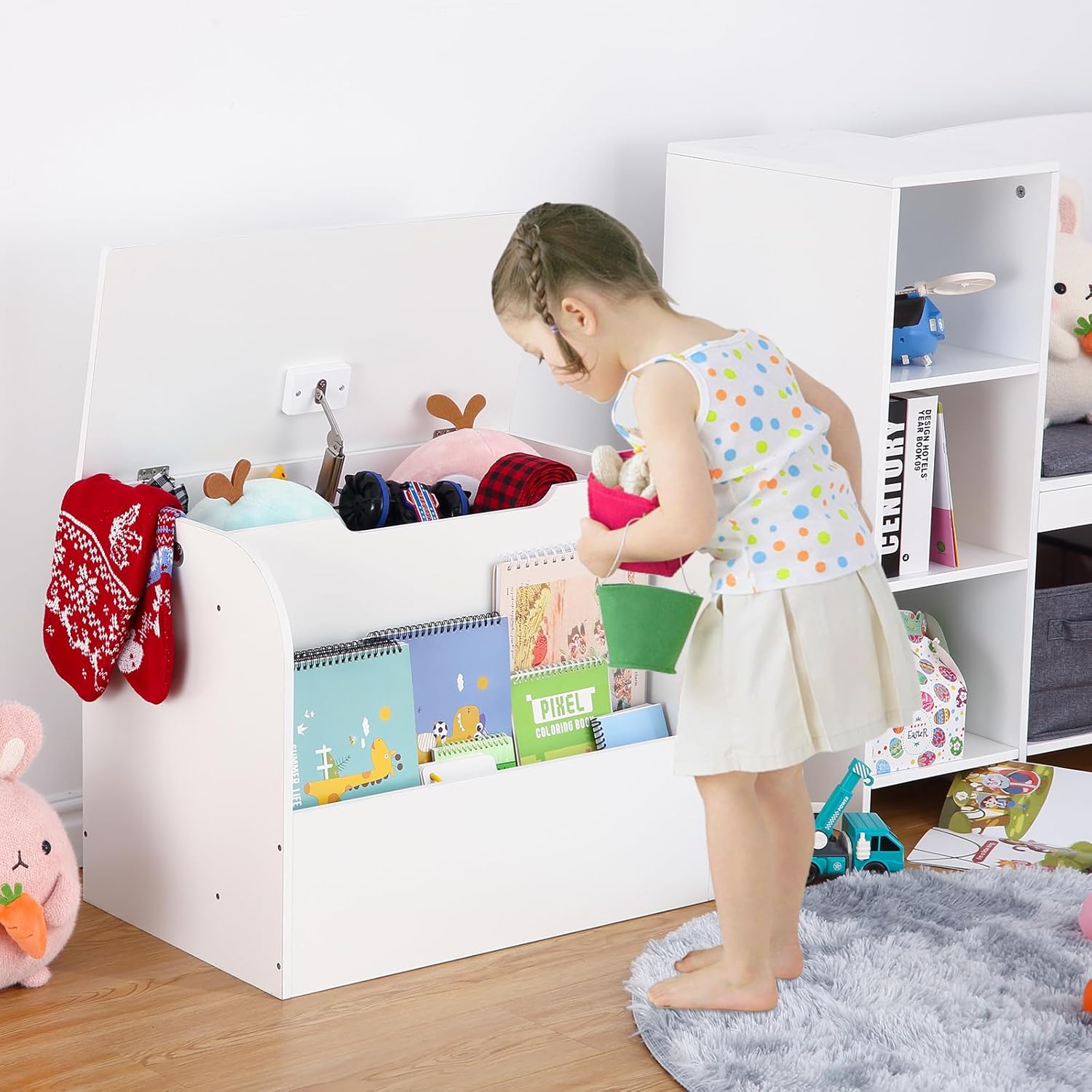 Wooden Toy Box, Kids Toy Chest & Storage Organizer with Front Bookshelf, Kids Toy Storage Bench with Safety Hinges for Boys Girls Children's Home Playroom Bedroom Furniture,White