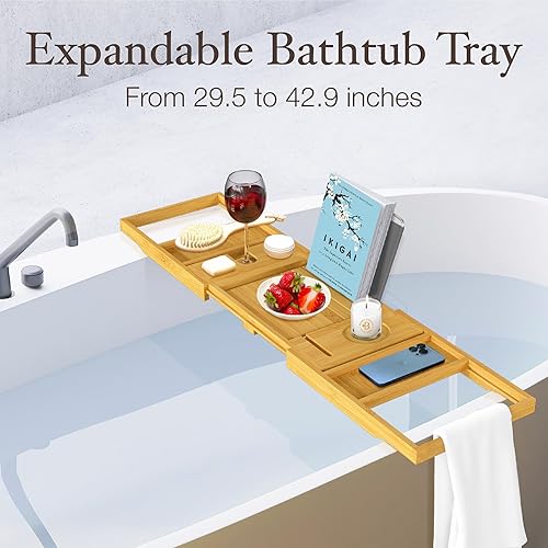Miniatura 7 de Bambüsi Mesa de bandeja de bañera, plegable y ajustable, bandeja de bañera de bambú plegable, accesorios de bañera de madera, regalos únicos