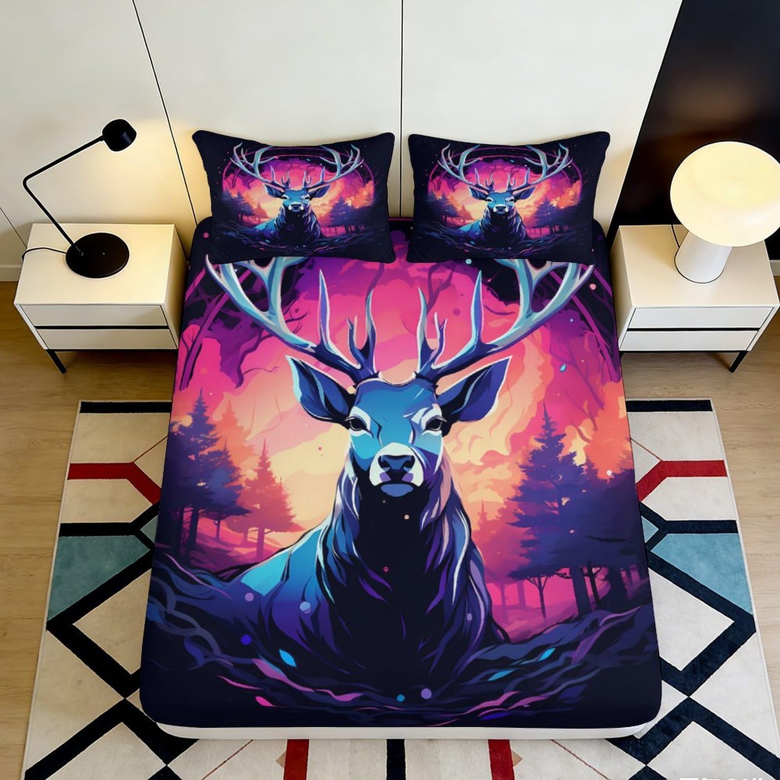 Jqzkxnhpbr Style-5 3D Printed Fantasy Deer Fitted Sheet Microfiber Soft Breathable Forest Sunset Mattress Cover For Bedroom Decor 90X200x25cm