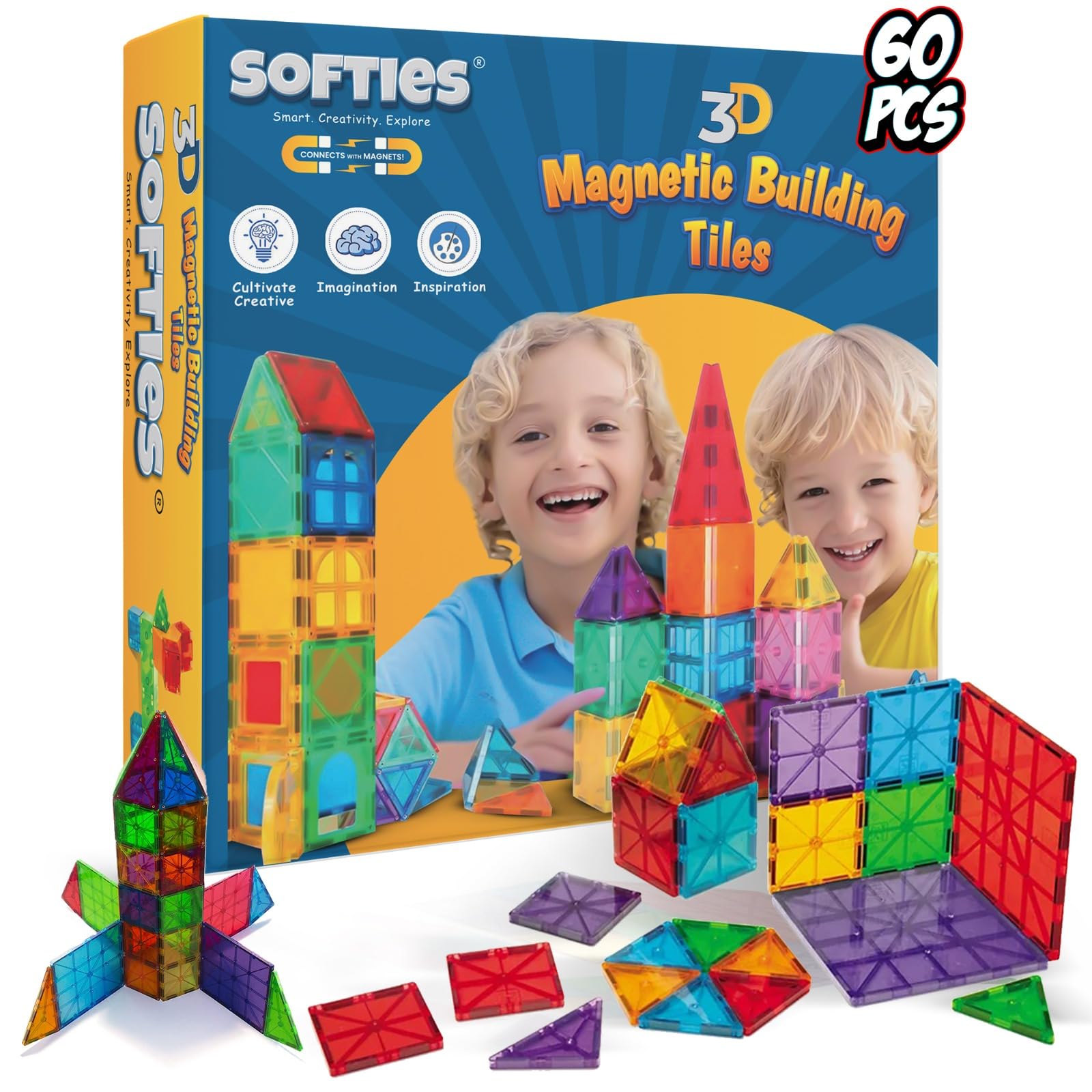 SOFTIES 60 pcs Magnetic Building Blocks for Kids Educational Toys for  Kids 5+ Years Toys for Year Old boy
