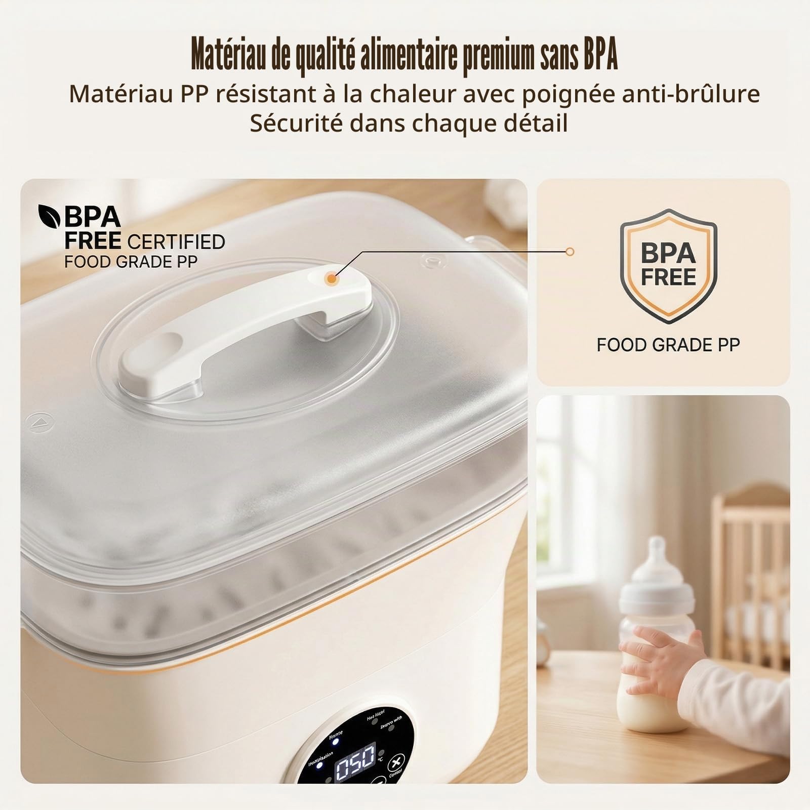 Stérilisateur et séchoir pour biberons, stérilisateur électrique 4 en 1 pour biberons, accessoires de tire-lait, tétine, grande capacité pour 5 à 8 bouteilles, arrêt automatique