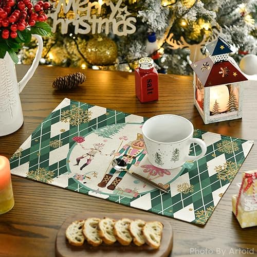 Miniatura 9 de Artoid Mode Juego de 6 manteles individuales de Navidad con diseño de cascanueces y copos de nieve, 12 x 18 pulgadas, para decoración de fiestas,
