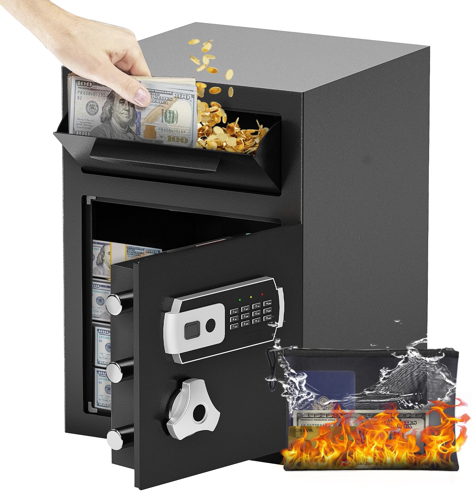 2.8 CUB Drop Safe for Business, Electronic Safe Box with Digital Combination and Anti-Fishing, Depository Safes with Fireproof Waterproof Document Bag, Security Safe for Slips Expense Office Home