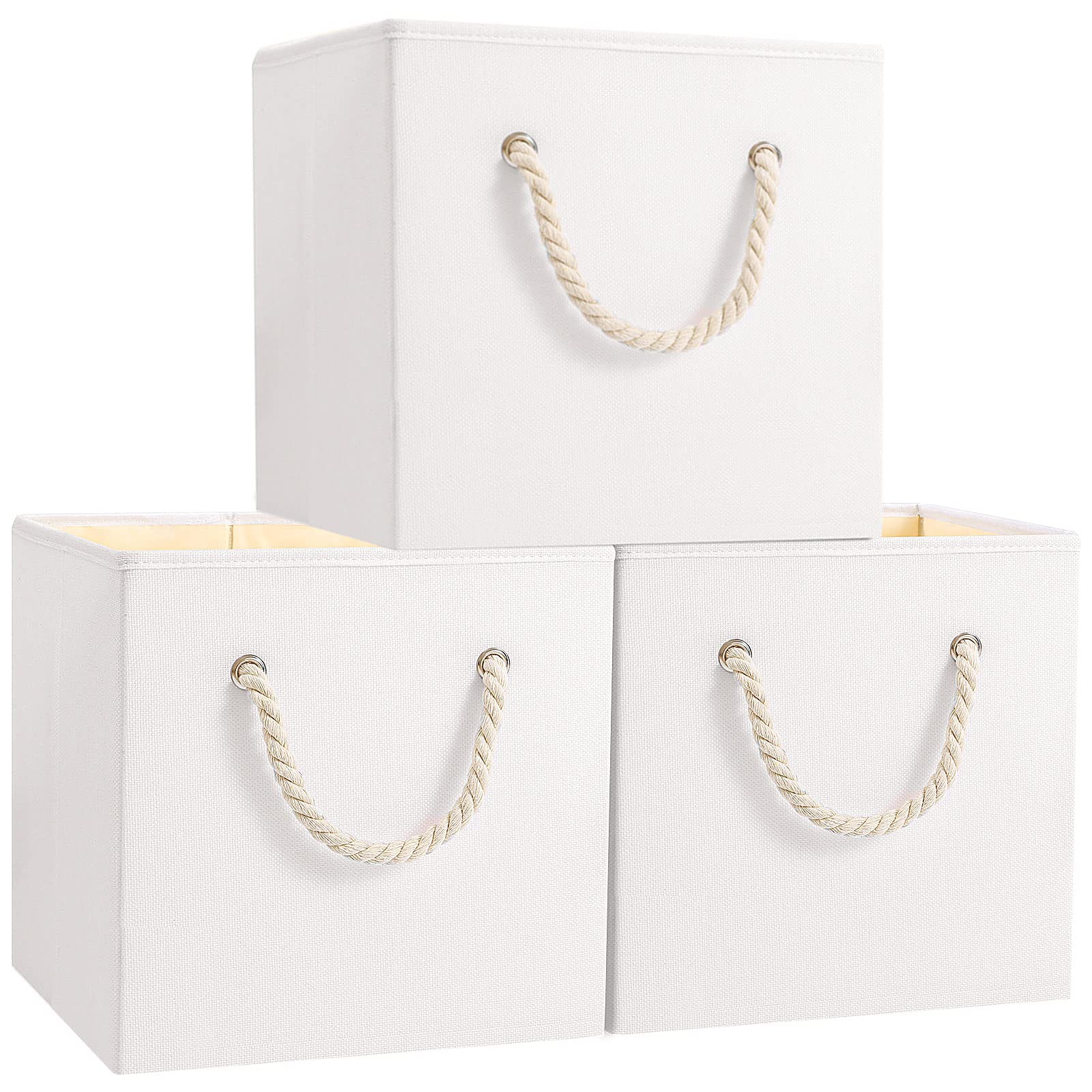 Yawinhe Cajas de Almacenaje, Cestas Organizadoras, Cubos de Almacenamiento de Tela, Plegables, para Estantes, Dormitorio, 33x33x33cm, Blanco, 3-Pack