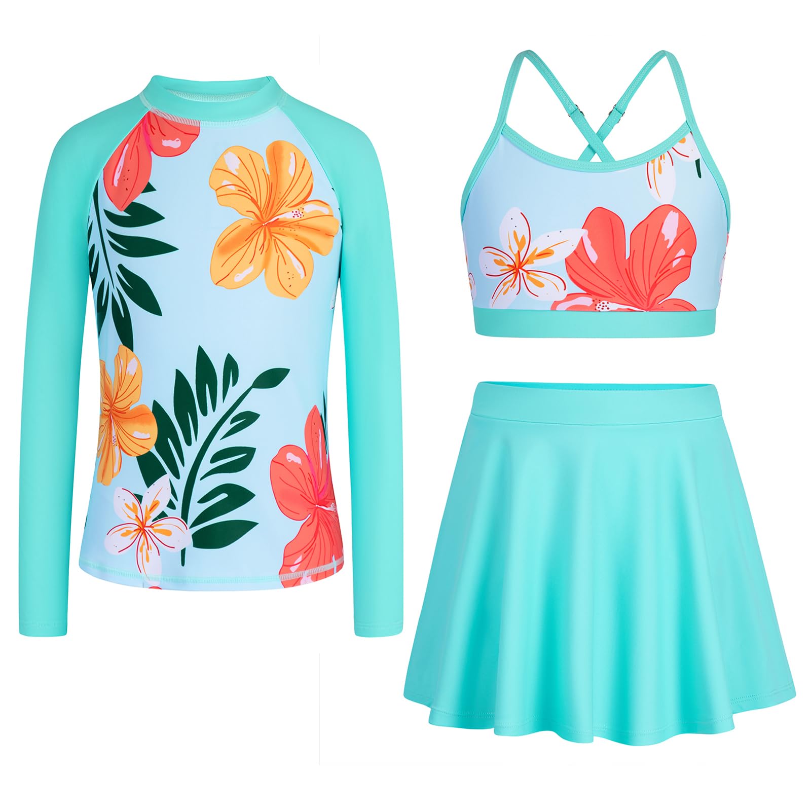 Girls Swimsuit Long Sleeve Swim Shirt 3 Piece Rash Guard for Girls Bathing Suit with Boyshorts