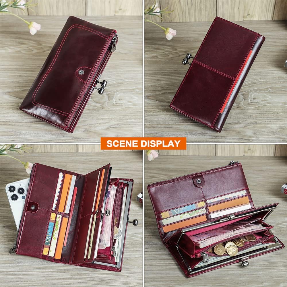 CONTACTS Kiss Lock Wallet for Women Leather Kiss Clasp Purse Bifold Wallets Card Phone Holder Clutch with Rfid Blocking (Red)