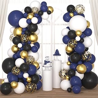 Navy Blue Black White Gold Balloon Arch Garland Kit, Metallic Gold Balloons Dark Blue and White Balloon Arch Black Balloon for Men 40th 50th 60th Happy Birthday Graduation Party Decorations