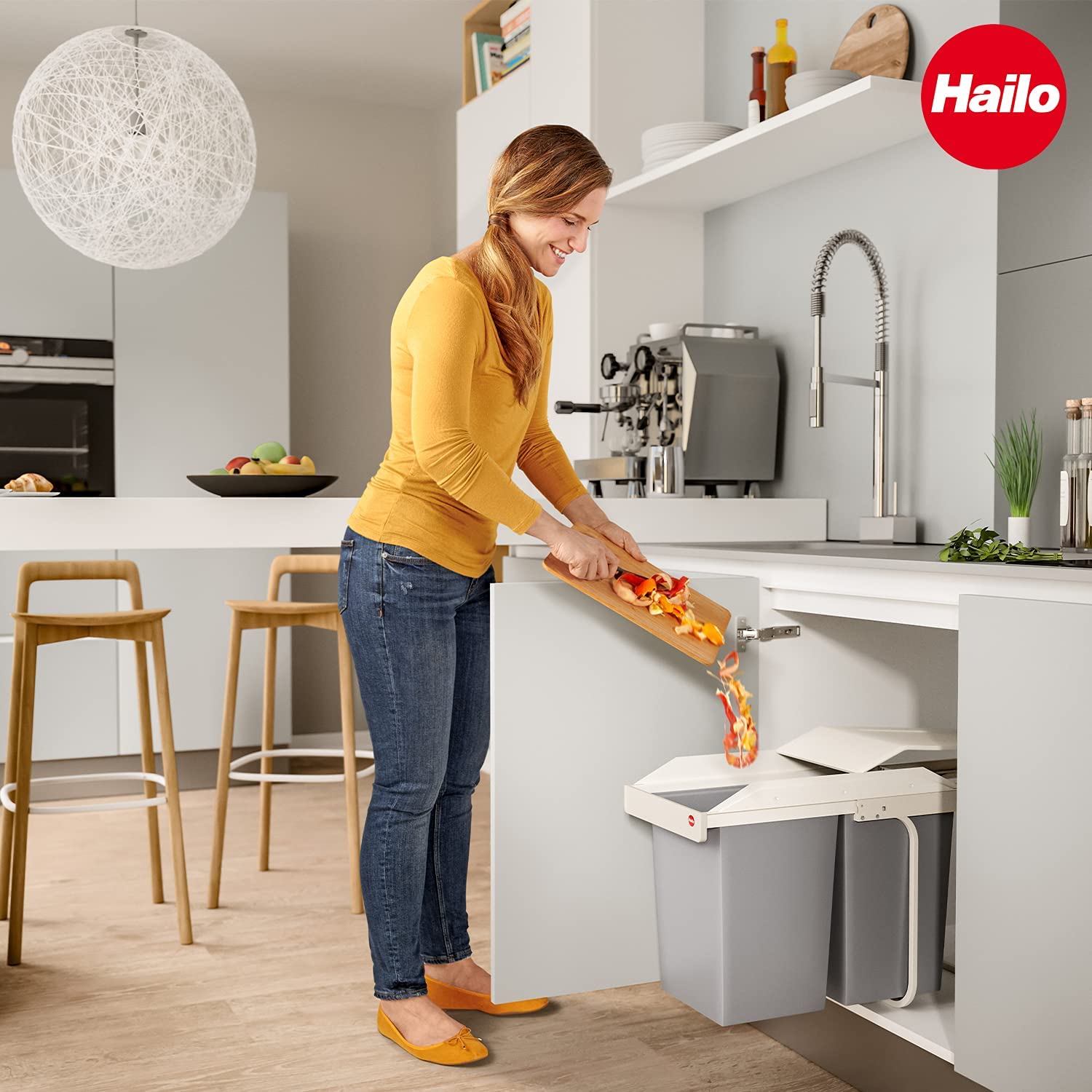 Hailo Multi-Box duo L Einbau-Mülltrennsystem - Doppelmülleimer, 2 x 14 Liter - mit ausziehbaren Inneneimern - 2-fach Abfalltrennsystem für die Küche - cremeweiß | 2 x 14 l, ausfahr- und aufnahmebereit
