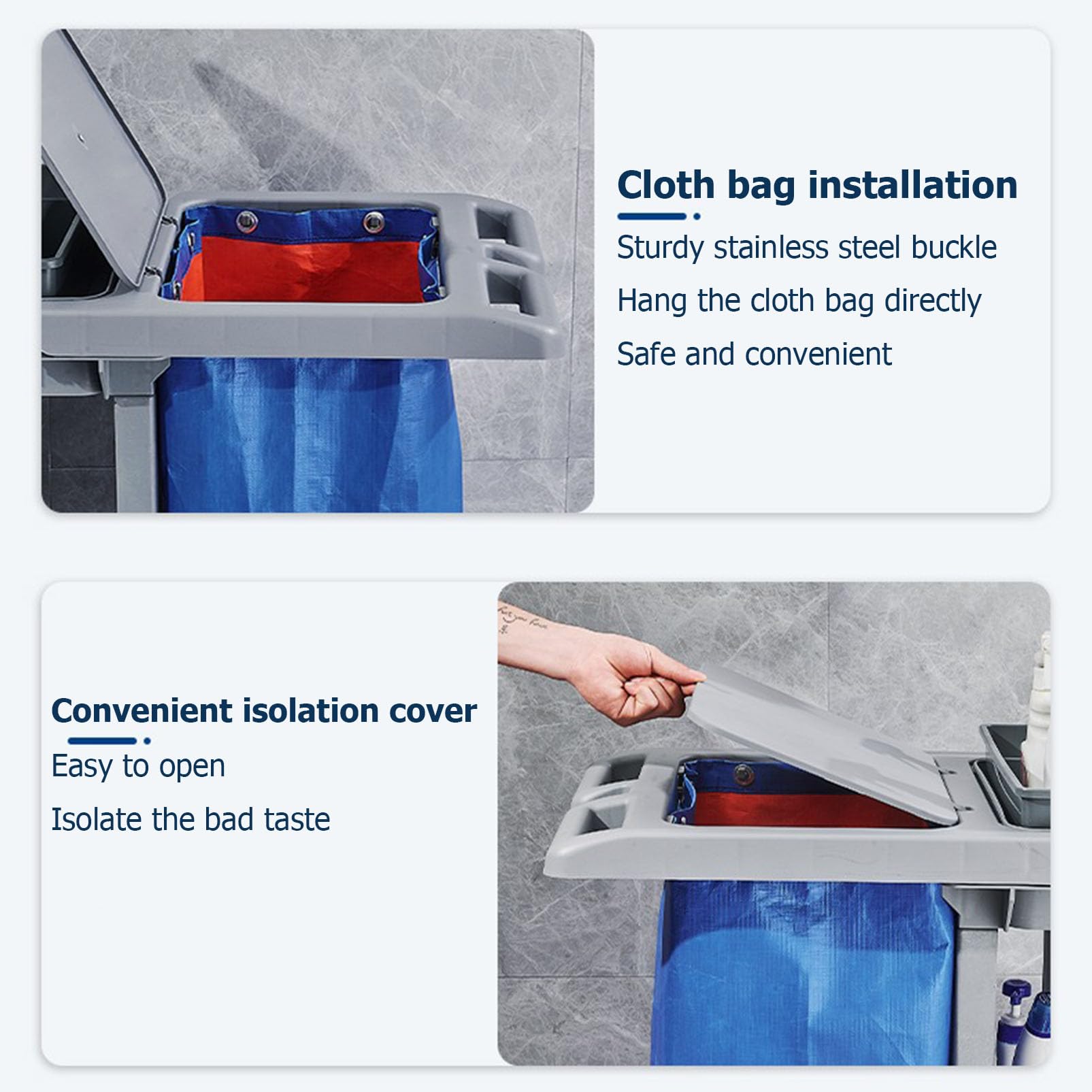 Carro de Limpieza Industrial Resistente con Organizador Multiusos y Soporte para fregona, Ideal para escuelas, comercios, hostelería y restaurantes.