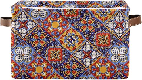 Canastas de almacenamiento plegables con diseño de azulejos de cerámica mexicana y con asas, para organizar ropa, decoración del hogar y la oficina,