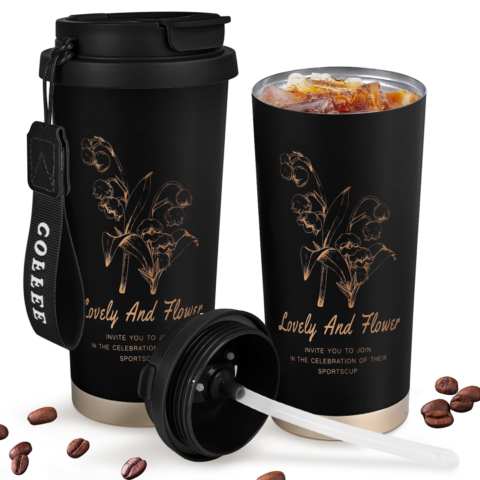 Tazza Termica Da Viaggio In Acciaio Inox 510ml Con Coperchio Ermetico E Cannuccia, Design Floreale, Isolata A Doppia Parete - 3