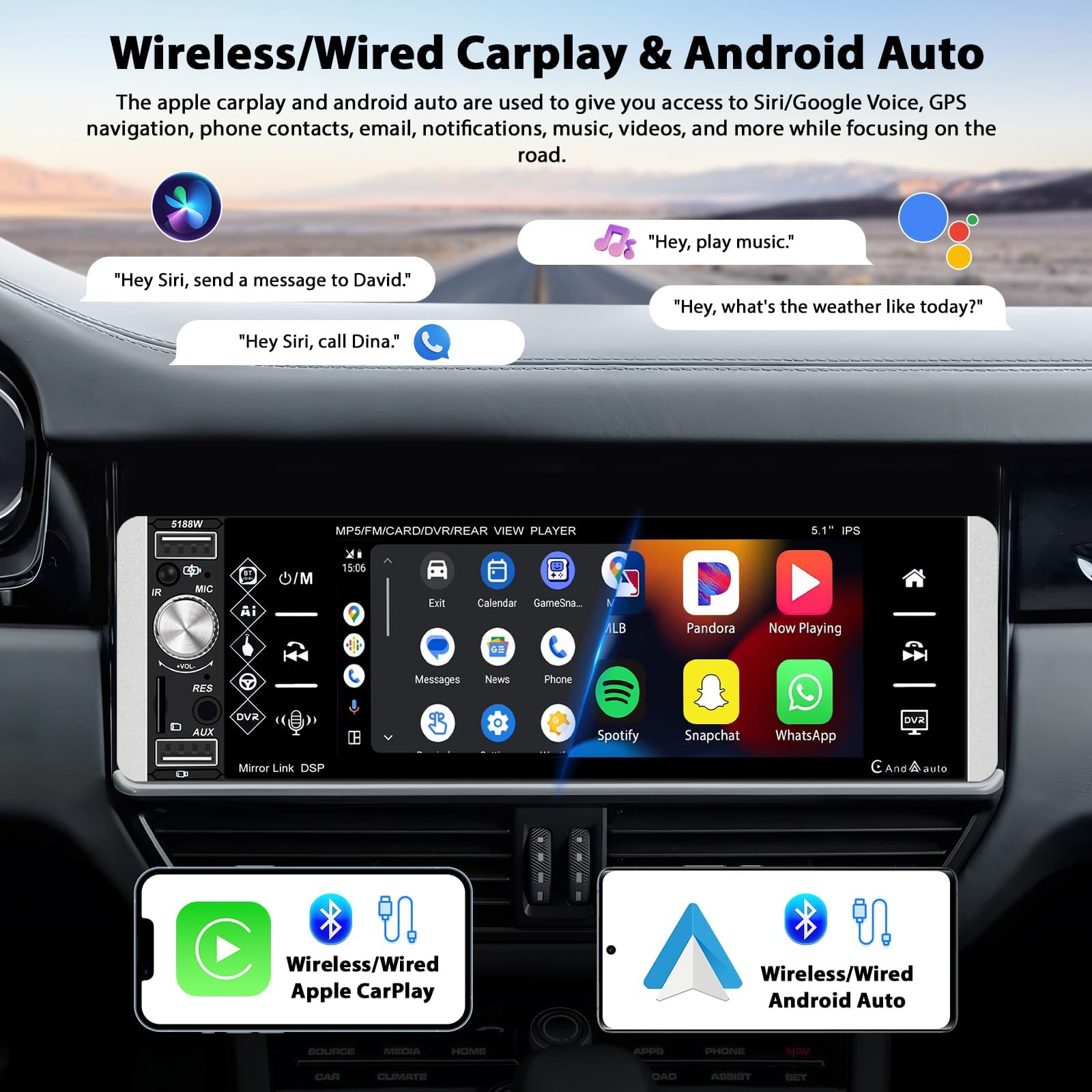 Inefala Pantalla Radio Coche 1 DIN con Carplay inalámbrico y Android Auto, Pantalla de 5,1 Pulgadas con Bluetooth, Mirror Link, Compatible con FM RDS, EQ, USB/AUX/TF, cámara de visión Trasera