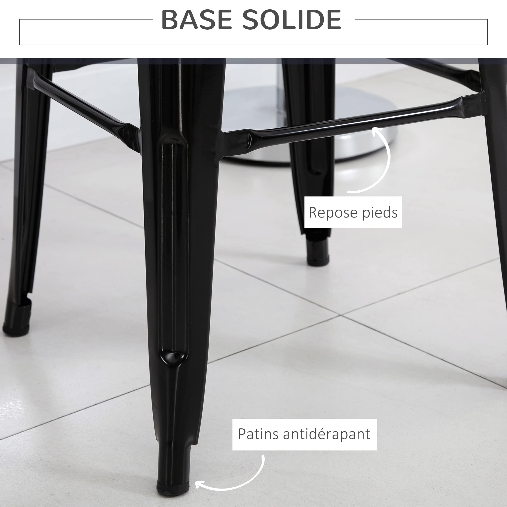 HOMCOM Lot de 4 tabourets de Bar Empilable Chaise de Bar Industriel avec Repose-Pied Hauteur d'Assise 76 cm, Cadre en métal, Style rétro, pour Salle à Manger, Balcon, bistrot ou Bar, Noir