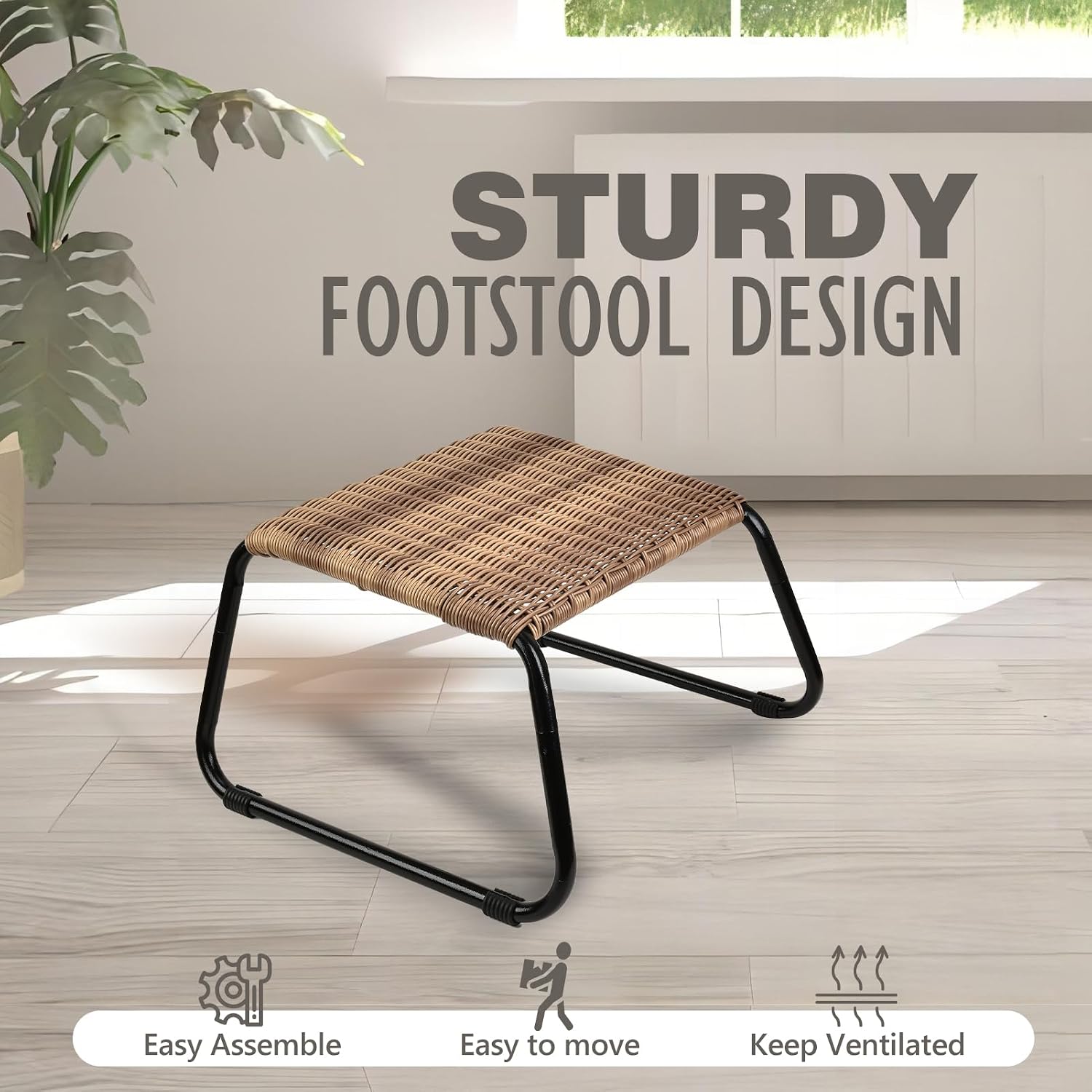 Outdoor Patio Footstools,PE Rattan Ottoman Wicker Foot Rest,Small Balcony Furniture Additional Seating Side Table for Outside 2 Set Beige