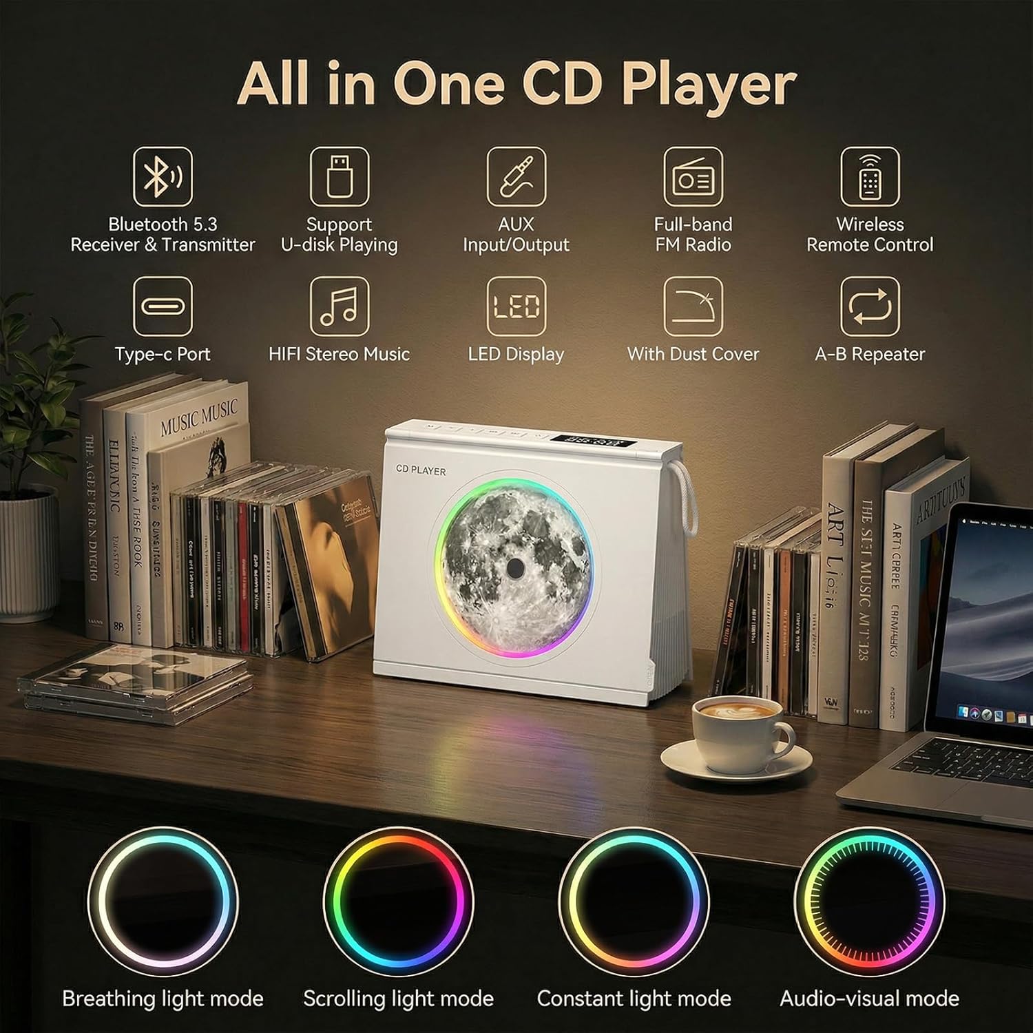Gueray Y-03 Portable CD Player with Light for Home,4000mAh Bluetooth 5.3 Desktop CD Music Player with Speaker, Women Men's Gifts for Christmas Birthday Home Room Decor,Battery Level Indicator