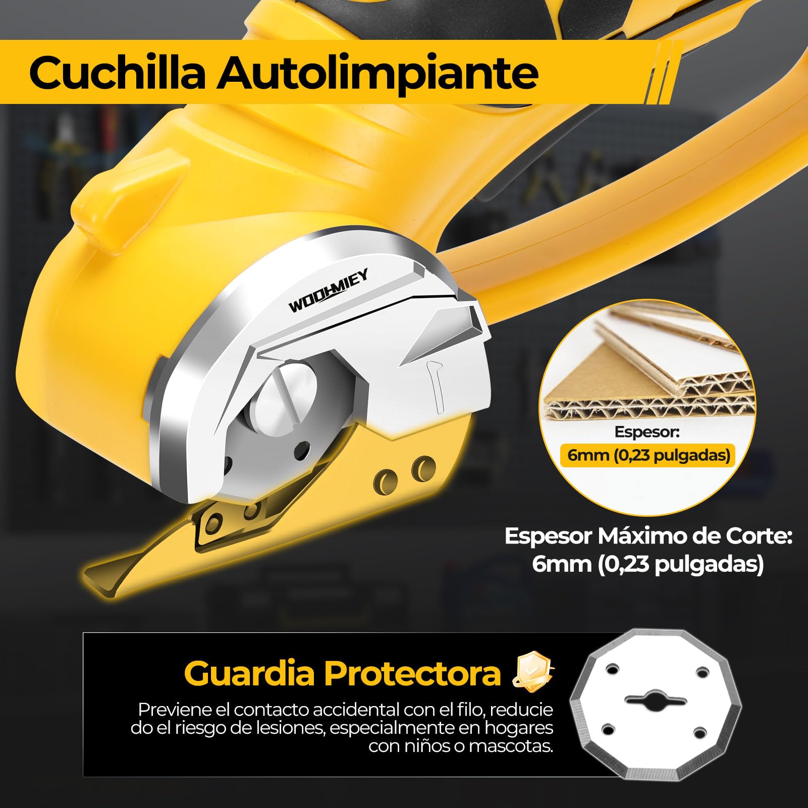 Tijeras Eléctricas Recargables 220RPM, Cortador Eléctrico de Cartón, Cizalla Eléctrica Portátil con Luz LED y Seguridad, para Costura, DIY y Reciclaje de Cartón (Amarillo)