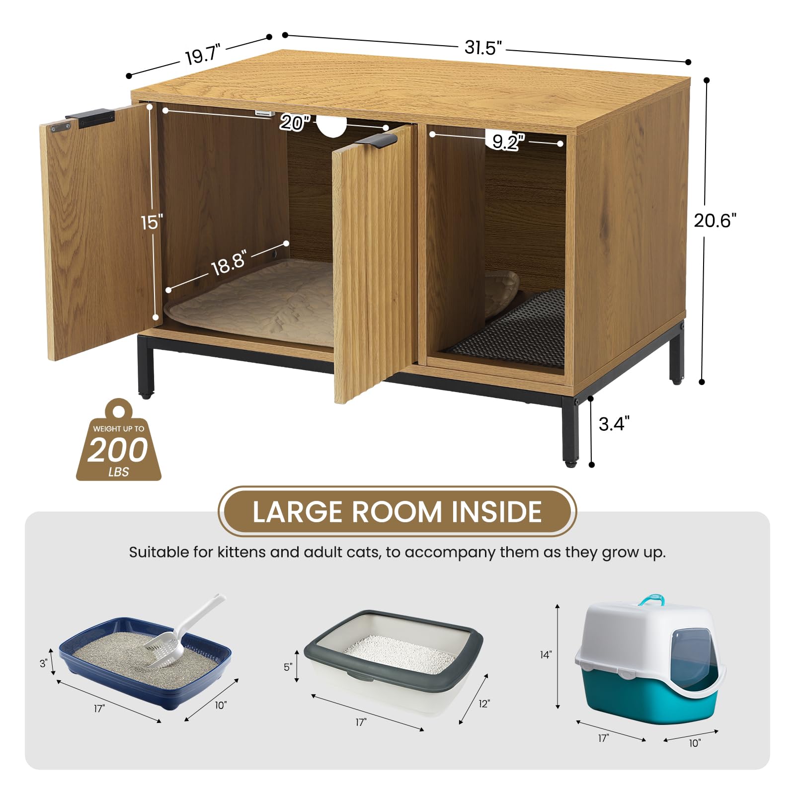 Cat Litter Box Enclosure, Hidden Litter Box Furniture with Metal Legs, Side End Table Indoor Cat House Storage Cabinet 31.5 x 19.7 x 20 Inches (Black + Gold)