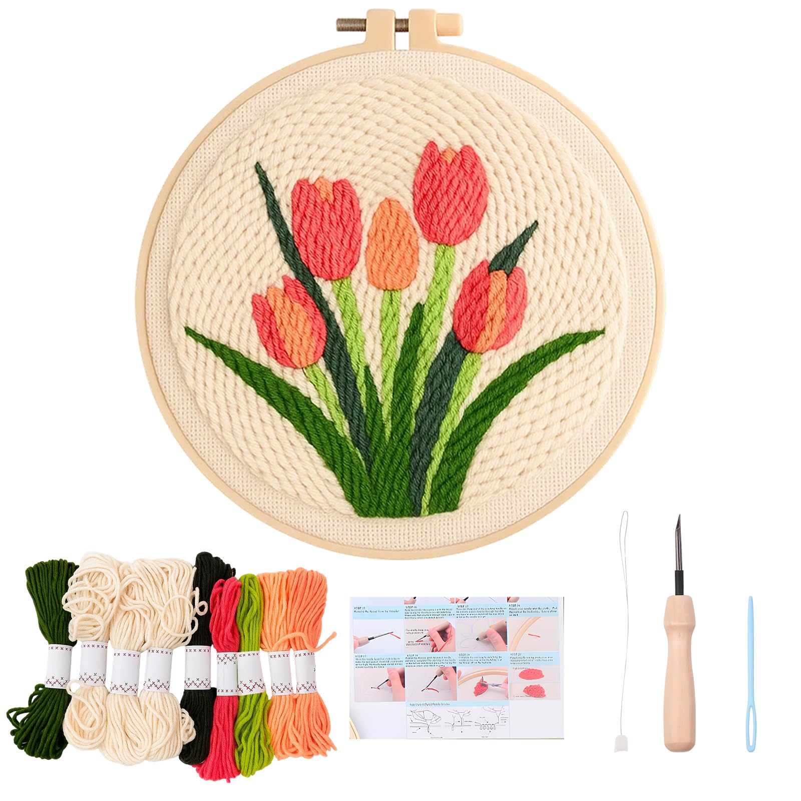 IAndhy 15 Pcs Punch Needle Kits, Punch Needle Kits for Adults Beginners, Tulip Embroidery Kit - DIY Craft Set with Vintage Tulip Design, Perfect for Handmade Decor & Floral Stitching Projects