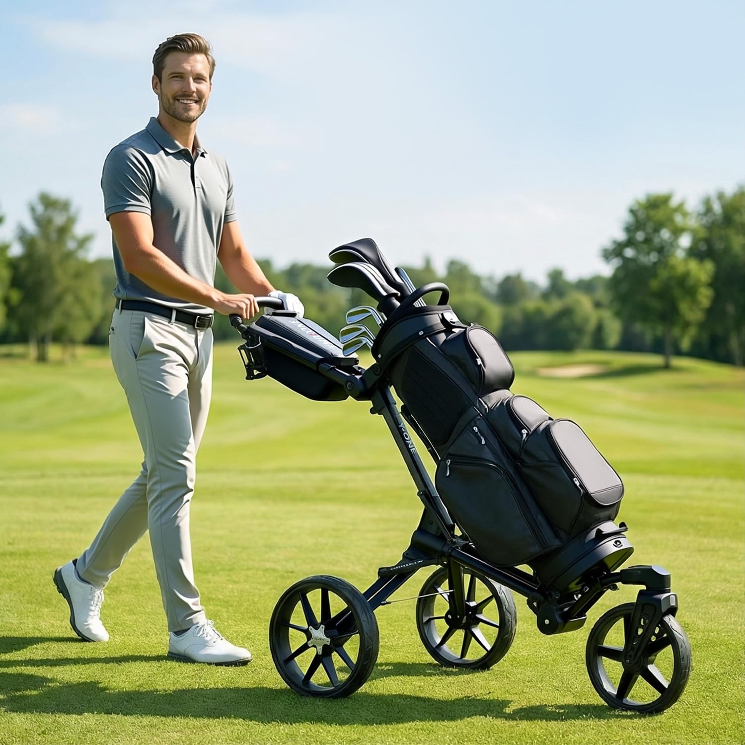Carro de golf de 3 ruedas con rueda delantera giratoria de 360°: diseño plegable, compartimento de almacenamiento integrado, asa ajustable en altura, soporte para teléfono/GPS/tarjeta de