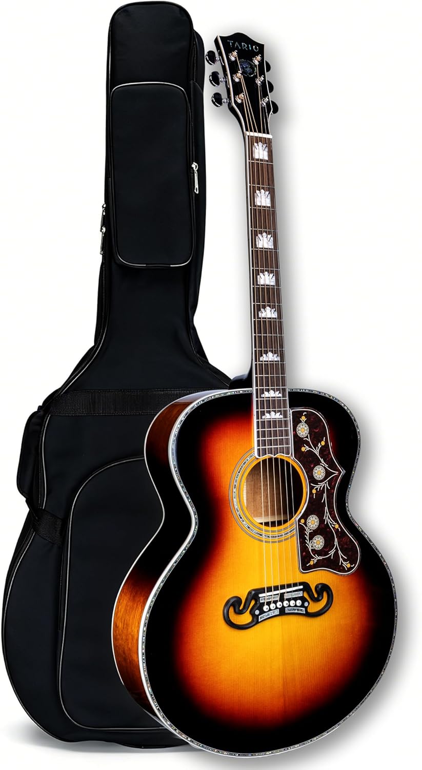 All Solid Wood Jumbo Acoustic Guitar 42", Solid Spruce Top & Solid Mahogany Back and Sides, Rosewood Fingerboard & Bridge, Abalone Inlays, Bone Nut & Saddle, Chrome Sealed Tuners, Sunburst Finish