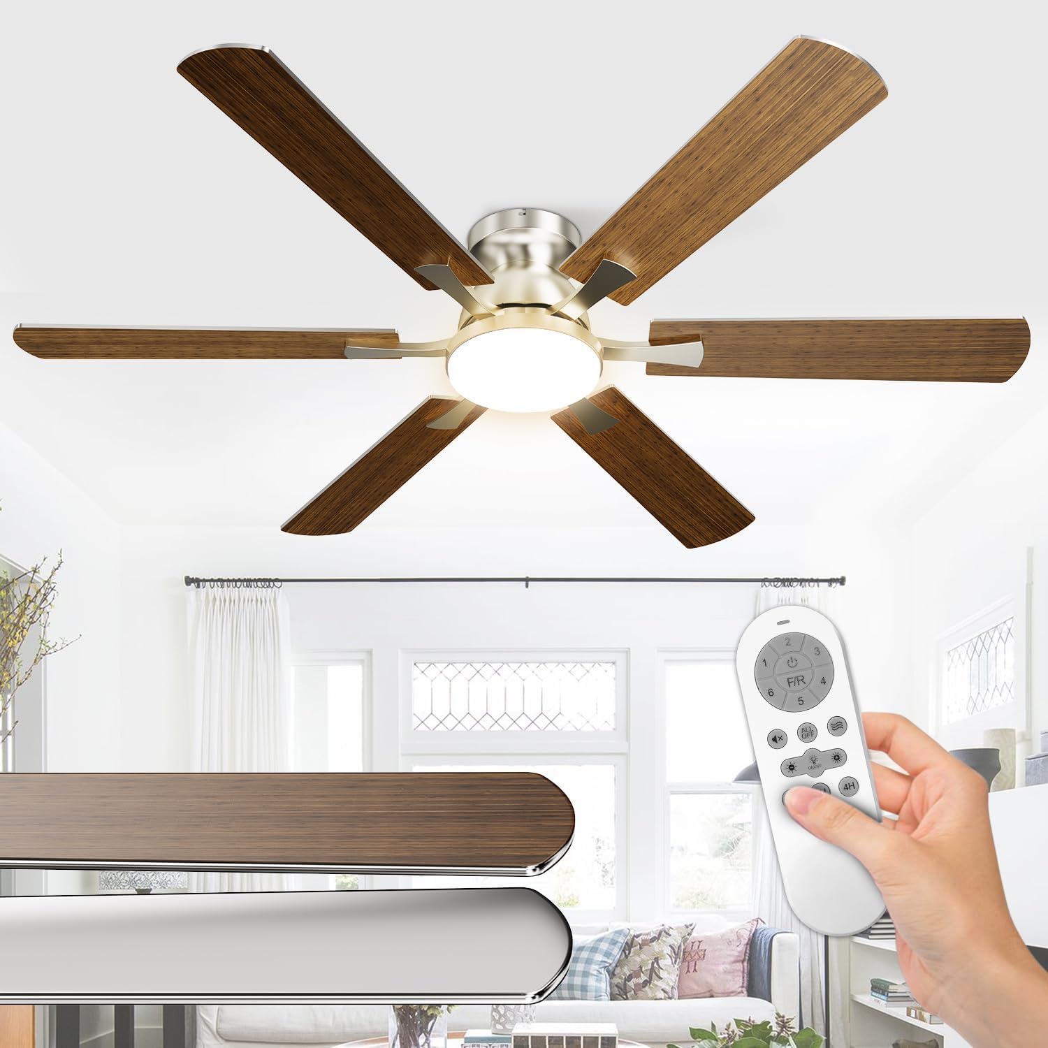 Airwit 132cm Groß Deckenventilator mit Beleuchtung Doppelseitige Flügeln, Leise Deckenventilator mit Licht, Fernbedienung und Umkehrbar DC Motor für Schlafzimmer Wohnzimmer