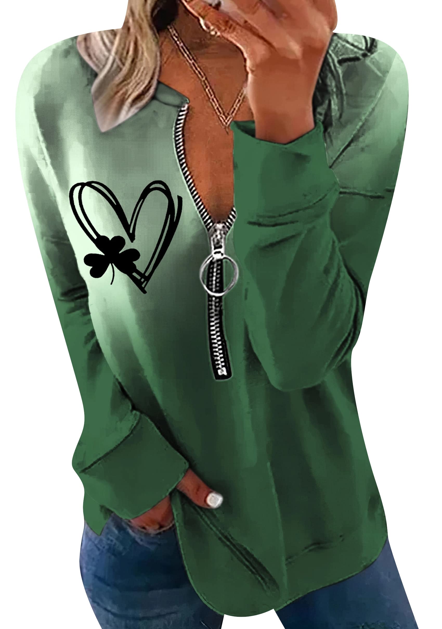 YMING Ladies St. Patricks Day Clover Shirt Long Sleeve Half Zip Sweatshirt Irish Shamrock Print Pullover Tops