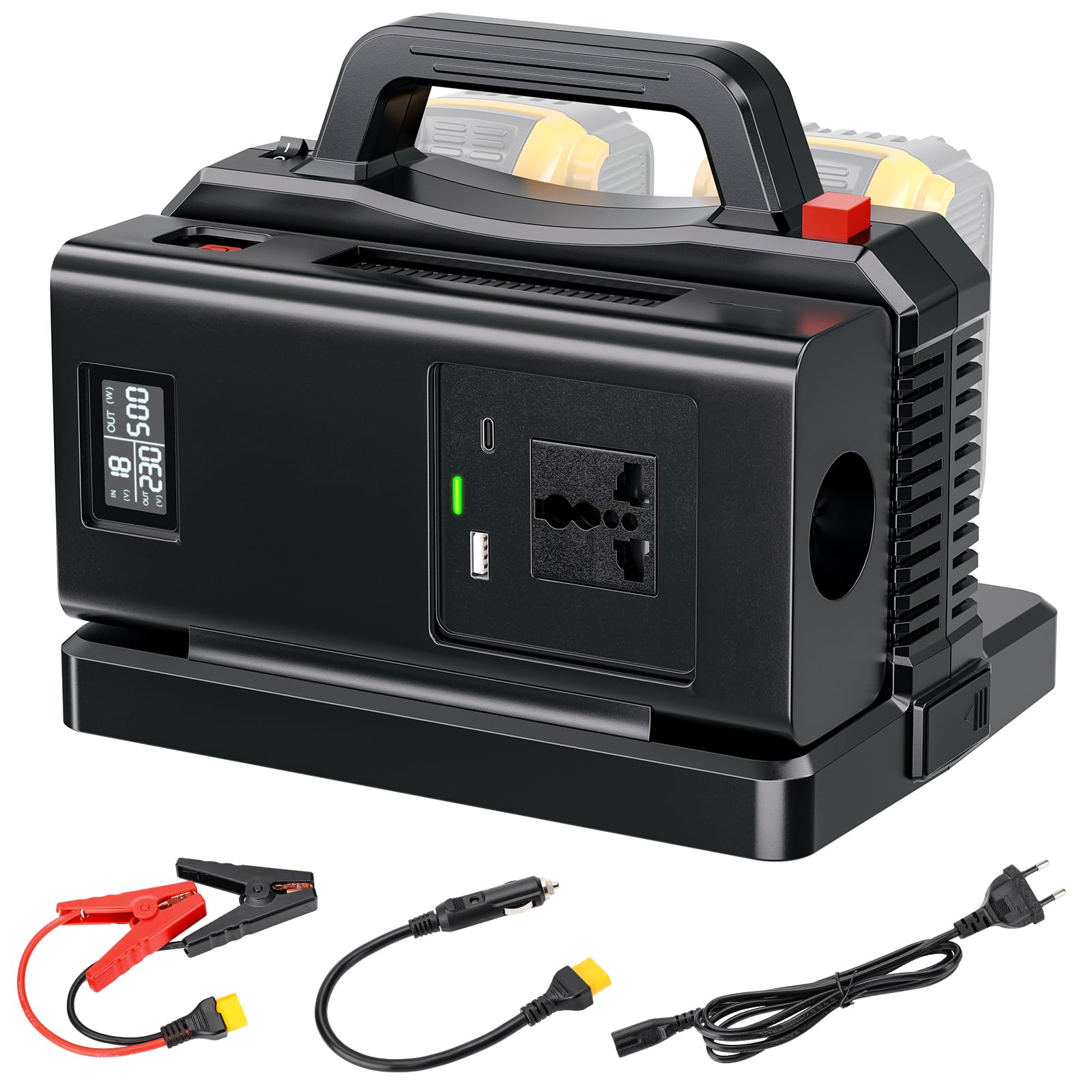 2-in-1 Wechselrichter Ladegerät für DeWalt 18V Akku, 500W Spannungswandler, 2-Port DC 18V Auf AC 230V Reiner Sinus Wechselrichter, Stromwandler für Camping, Wohnmobil(Batterie Nicht Enthalten)