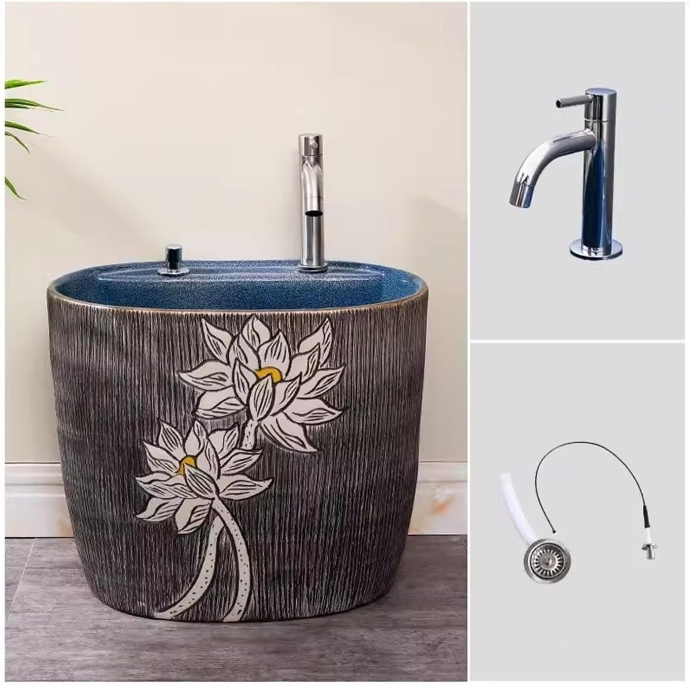 Keramik-Spülbecken mit Abfluss und Wasserhahn, Bodenmontage, Waschbecken für Haushalt, Restaurant und Außenbereich