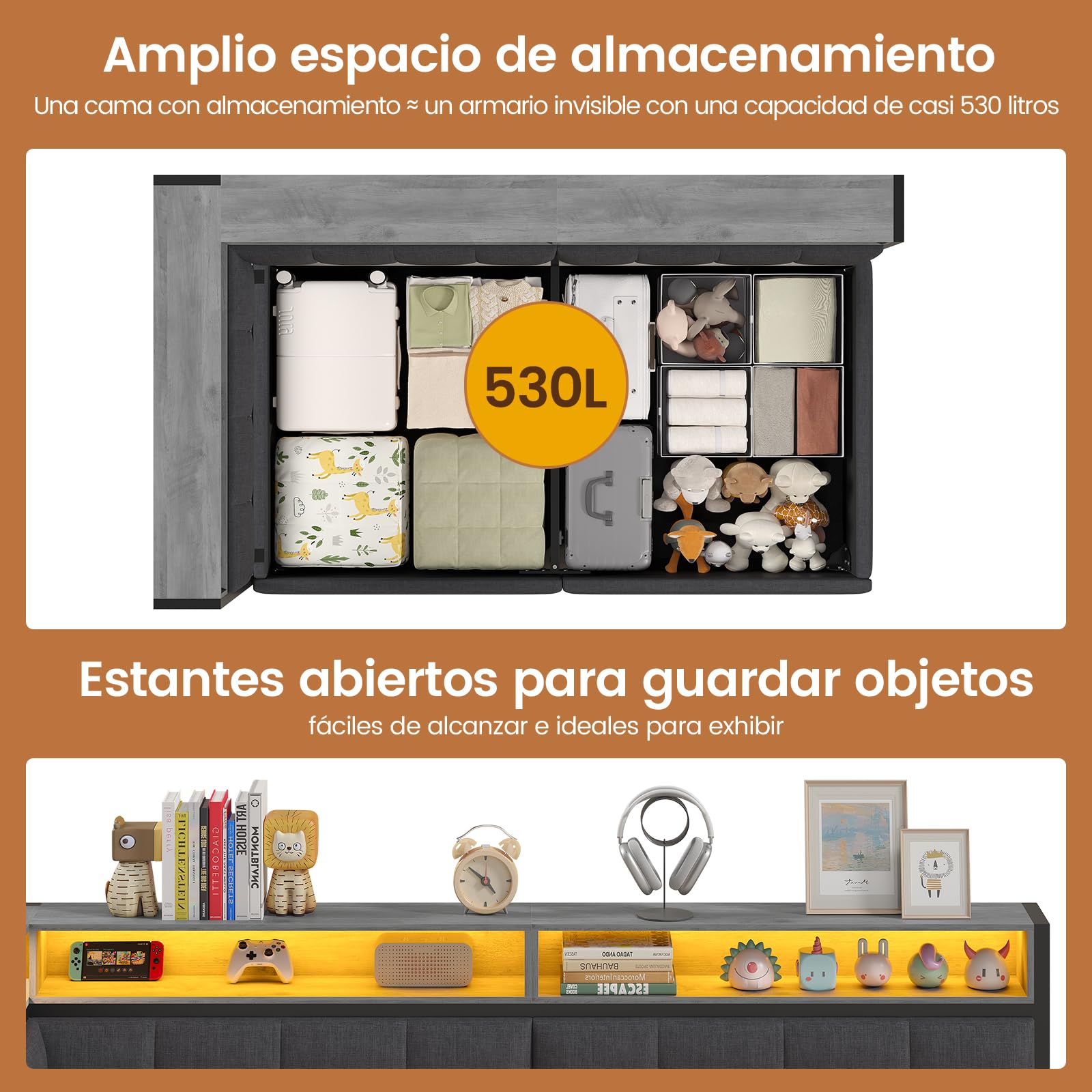 DICTAC Cama acolchada 90 x 190 cm con espacio de almacenamiento, LED y estación de carga, cama juvenil con cajón hidráulico, compartimento de almacenamiento de dos niveles, cama individual en gris