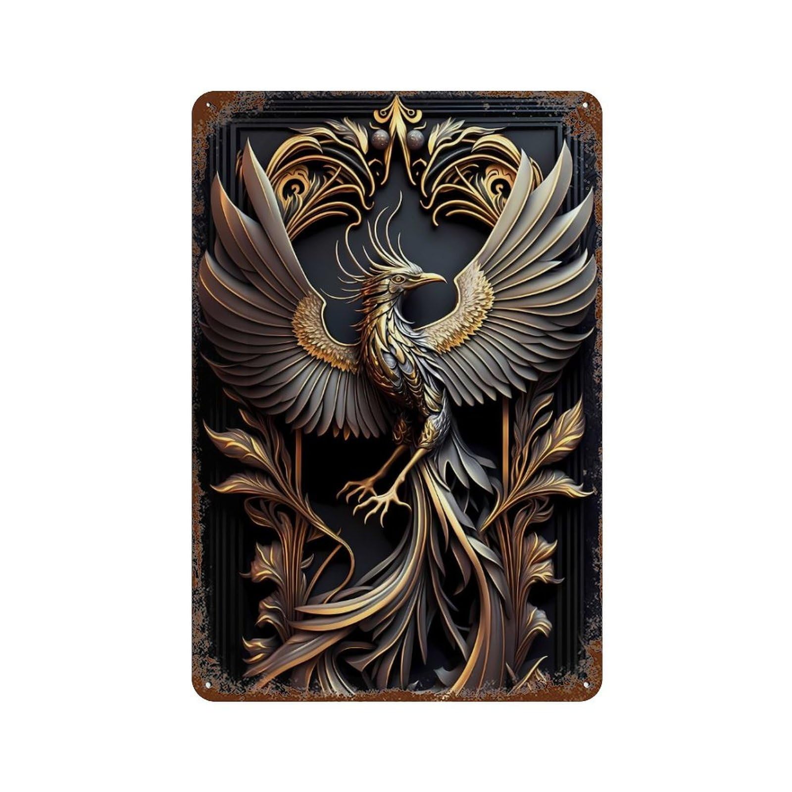 Aged Metal Wall Plaque with Golden Glory Phoenix Design 11.8"x7.9", for Shed, Workshop And Garage Wall Decor, Decorative Metal Wall Art
