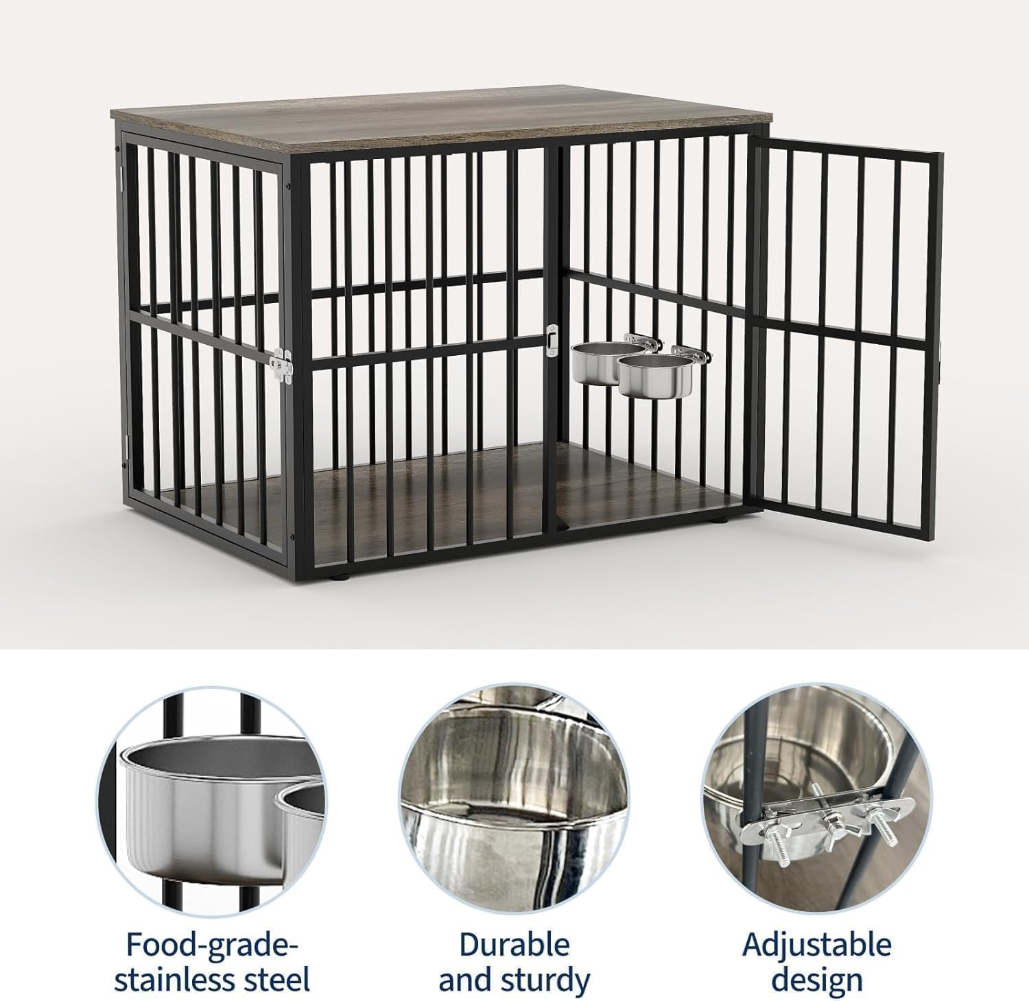 Close-up image detailing the food-grade stainless steel bowls, their durable and sturdy construction, and the adjustable design for mounting them on the crate bars.