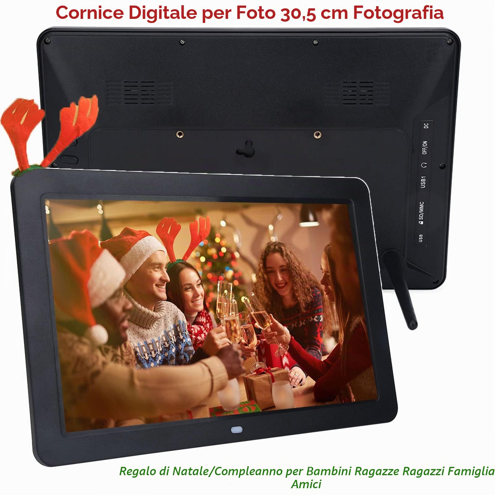 12 pollici Cornice per foto digitale,LED 1280X800 HD portafoto digitale Cornice elettronica intelligente con più lingue con telecomando,orologio con staffa da tavolo/Musica/Video/Lettore audio