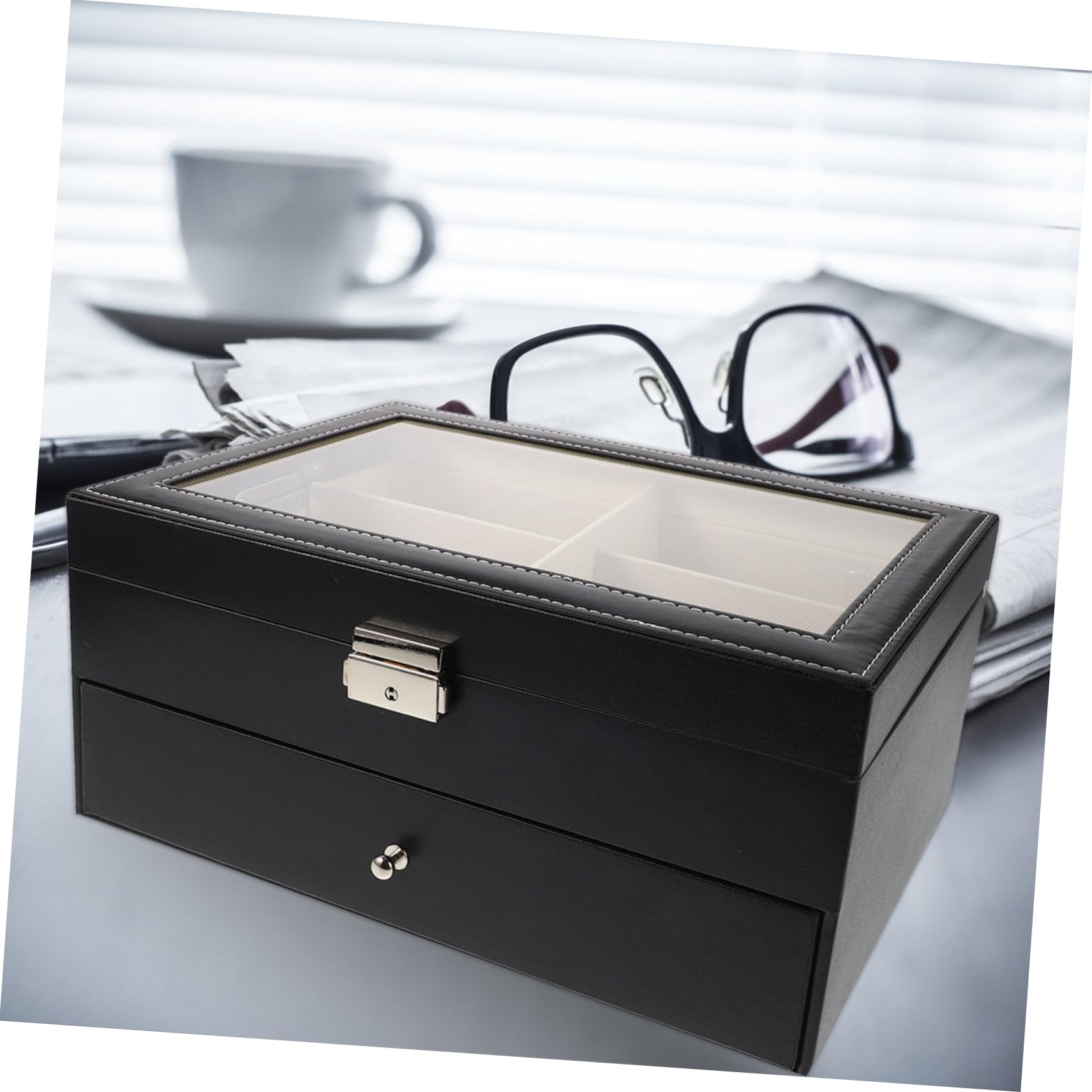 CALLARON Podwójna Warstwa Skórzanego Etui Okulary z Przegrodami Twarda Ochrona i Miękka Wyściółka Organizer Okulary Przeciwsłoneczne Do Domu i Podróży z Przezroczystym Okienkiem