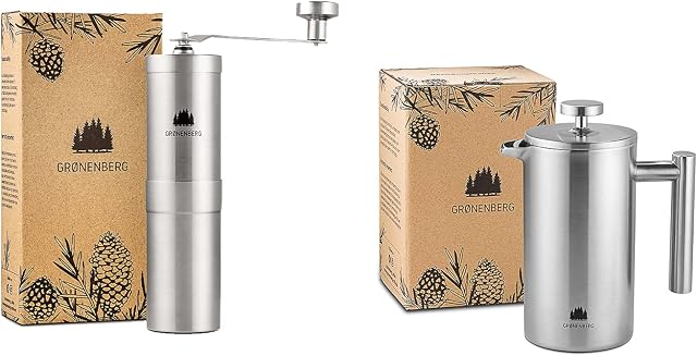 Groenenberg Spar-Pack 3 | ręczny młynek do kawy + French Press stal szlachetna 0,35 l | ręczny młynek do kawy | zaparzacz do kawy